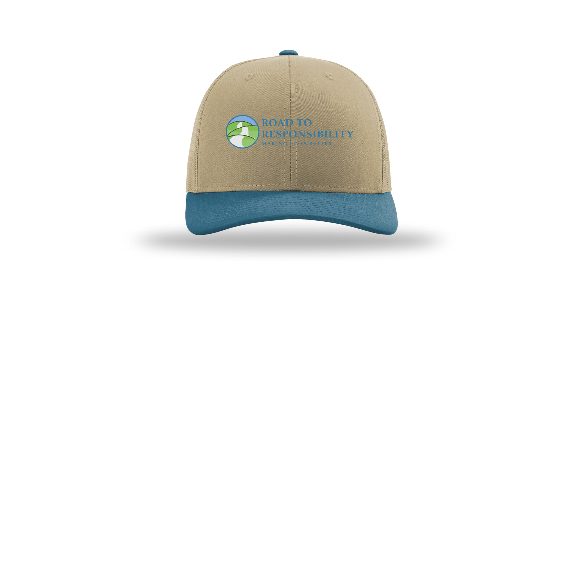 roadtoresponsibility-richardson-trucker-cap-embroidery-capfront-R112-khakikhakilegionblue-flat-front