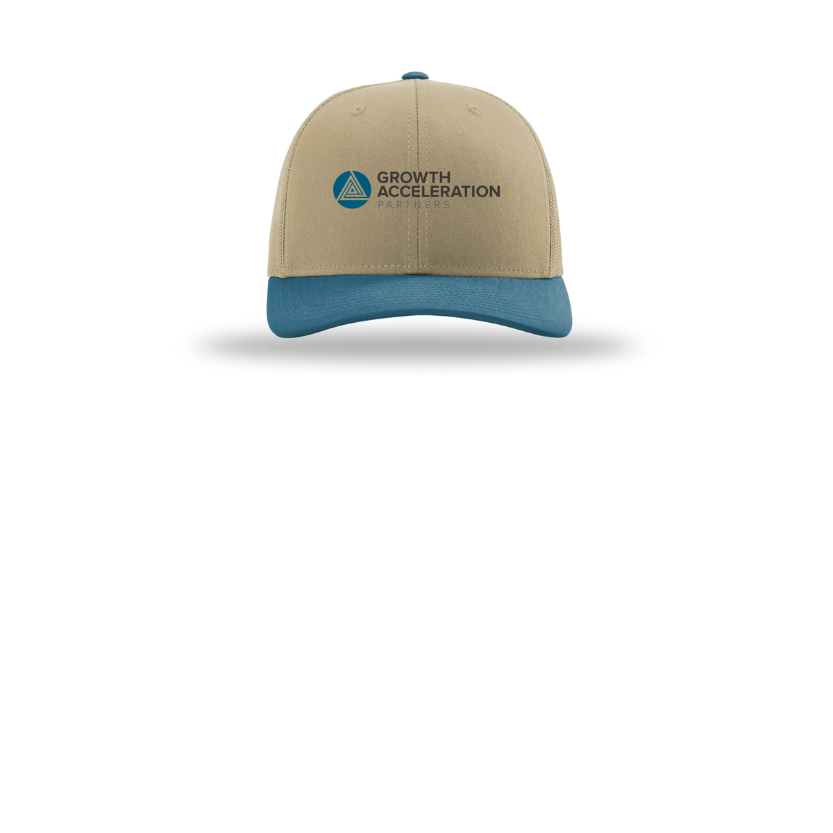 growthaccelerationpartners-richardson-trucker-cap-embroidery-capfront-R112-khakikhakilegionblue-flat-front