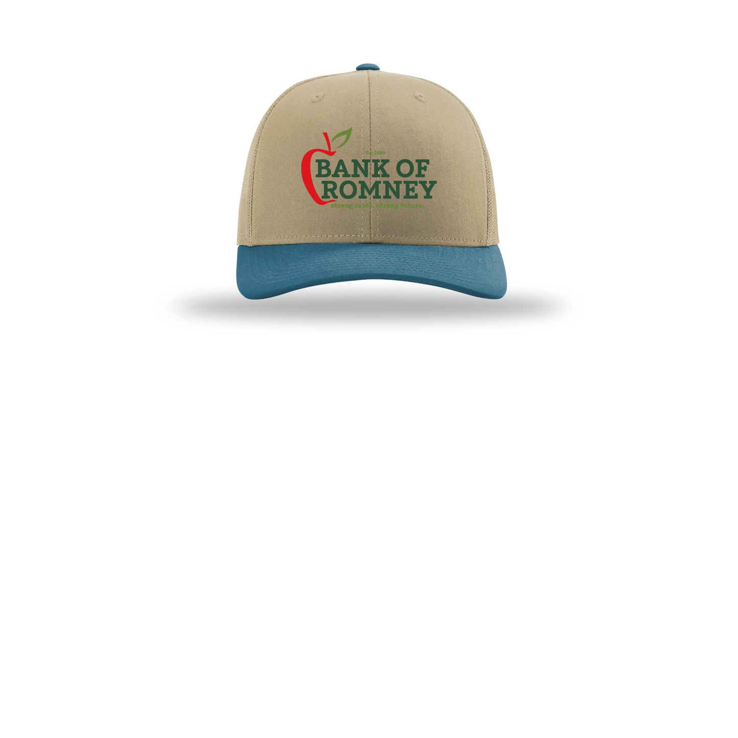 bankofromney-richardson-trucker-cap-embroidery-capfront-R112-khakikhakilegionblue-flat-front