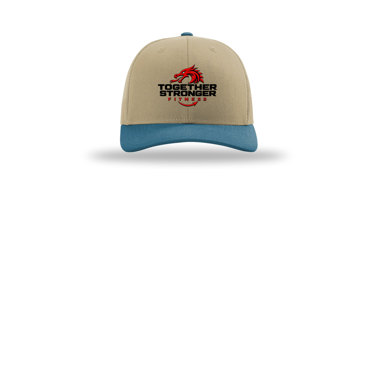 togetherstrongerfitness-richardson-trucker-cap-embroidery-capfront-R112-khakikhakilegionblue-flat-front