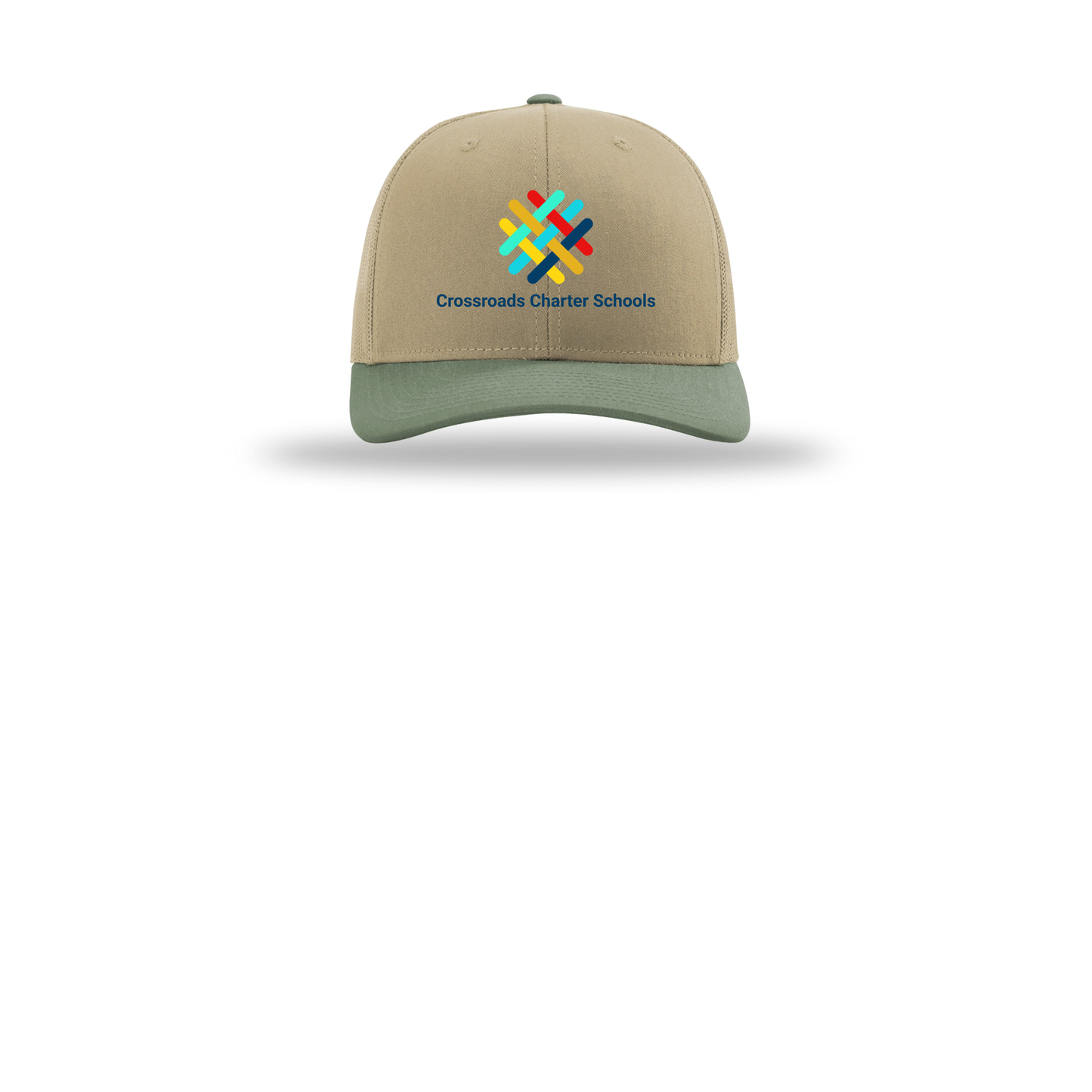 crossroadsschoolskc-richardson-trucker-cap-embroidery-capfront-R112-khakikhakiloden-flat-front