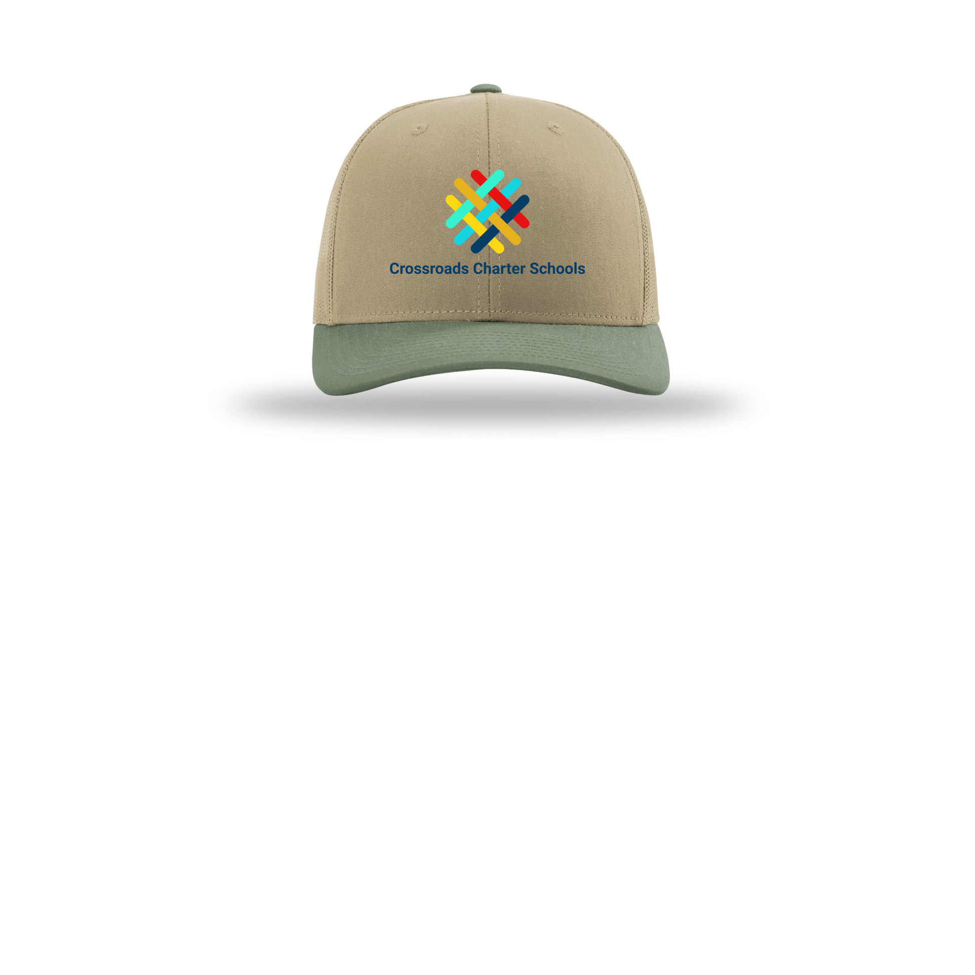 crossroadsschoolskc-richardson-trucker-cap-embroidery-capfront-R112-khakikhakiloden-flat-front