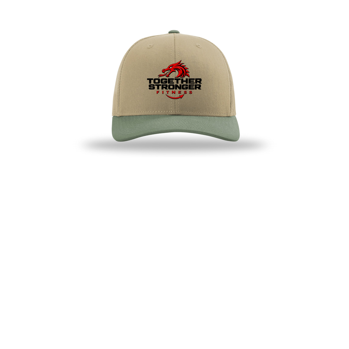 togetherstrongerfitness-richardson-trucker-cap-embroidery-capfront-R112-khakikhakiloden-flat-front