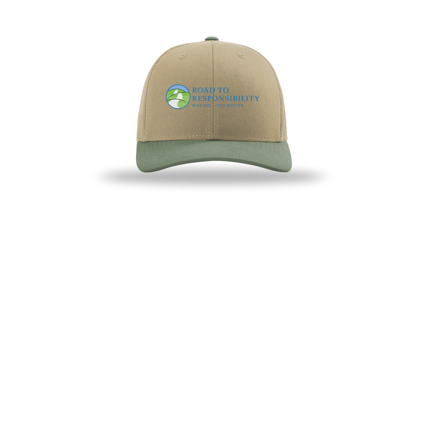 roadtoresponsibility-richardson-trucker-cap-embroidery-capfront-R112-khakikhakiloden-flat-front