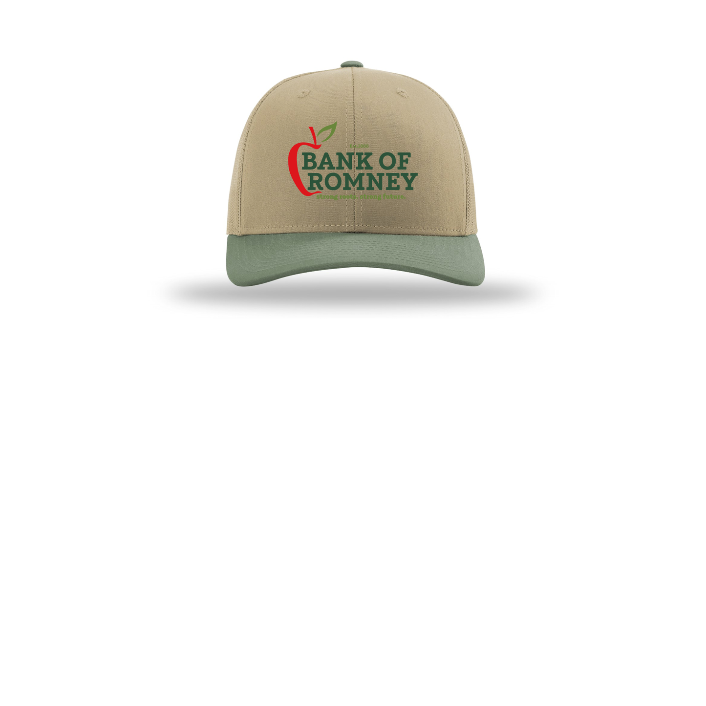 bankofromney-richardson-trucker-cap-embroidery-capfront-R112-khakikhakiloden-flat-front