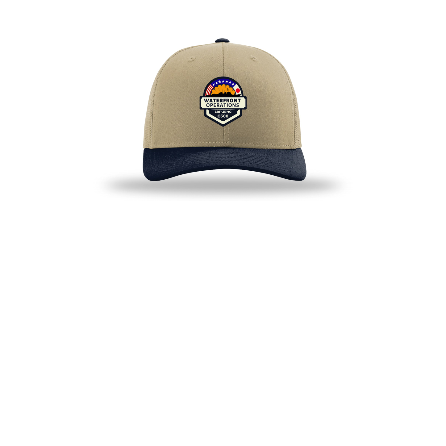 waterfront-operations-retro-trucker-cap-embroidery-capfront-R112-khakikhakinavy-flat-front