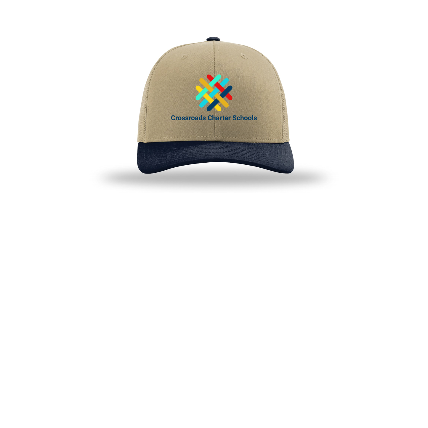 crossroadsschoolskc-richardson-trucker-cap-embroidery-capfront-R112-khakikhakinavy-flat-front