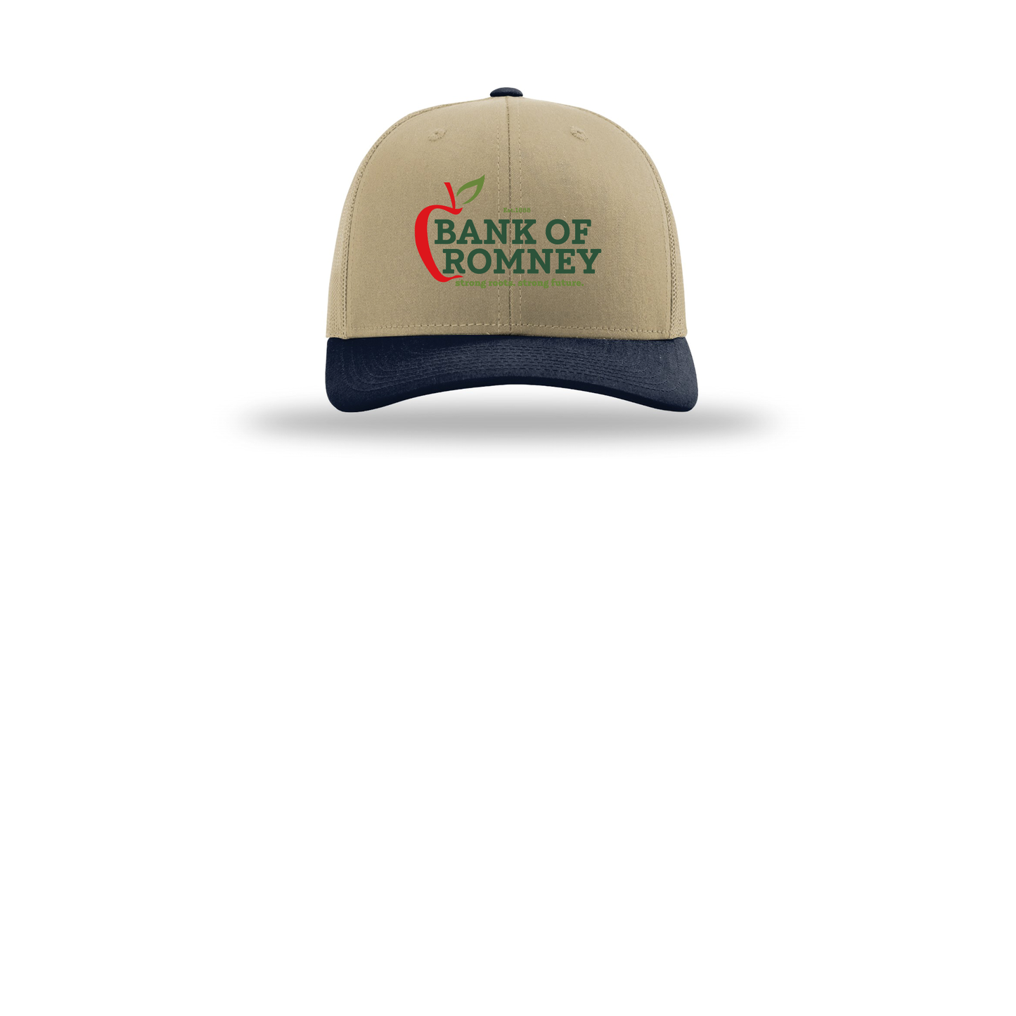 bankofromney-richardson-trucker-cap-embroidery-capfront-R112-khakikhakinavy-flat-front