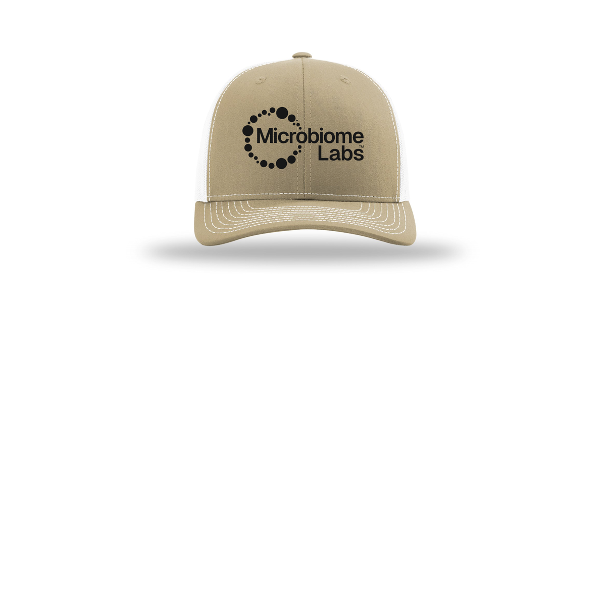 microbiomelabs-richardson-trucker-cap-embroidery-capfront-R112-khakiwhite-flat-front