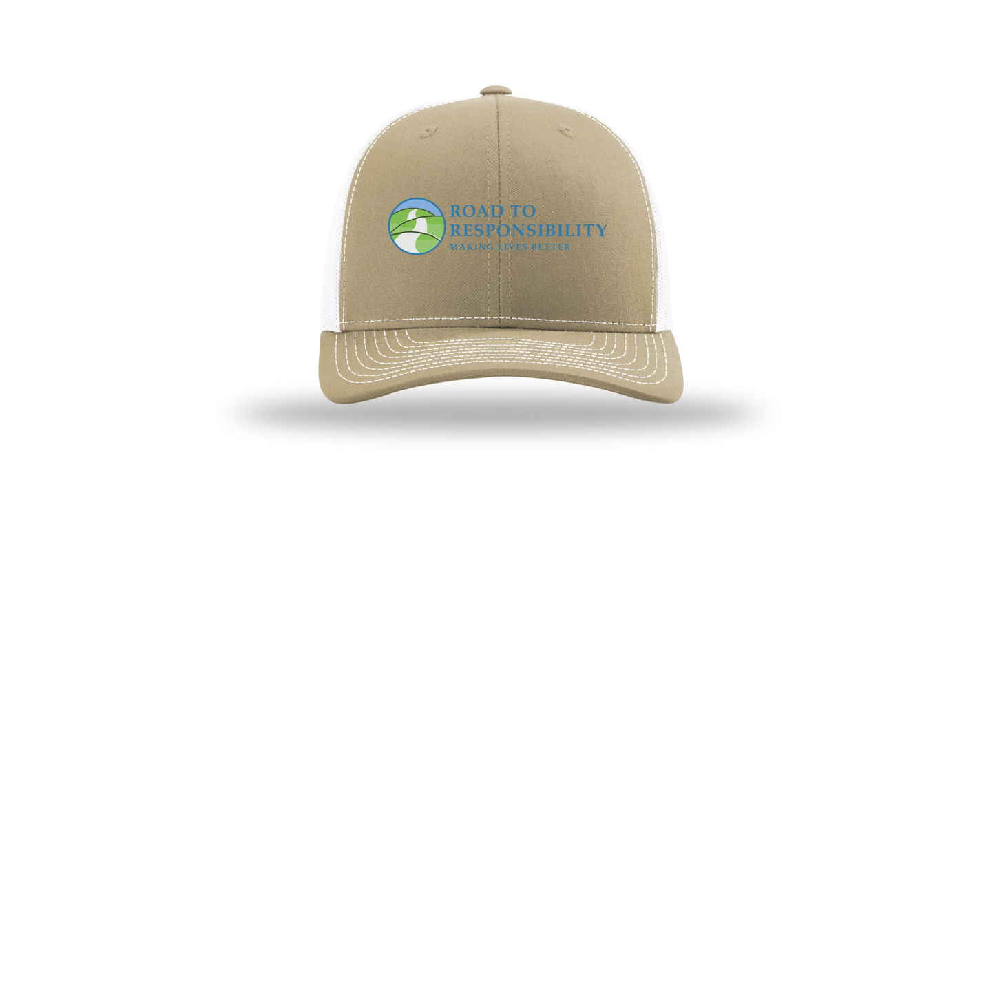 roadtoresponsibility-richardson-trucker-cap-embroidery-capfront-R112-khakiwhite-flat-front