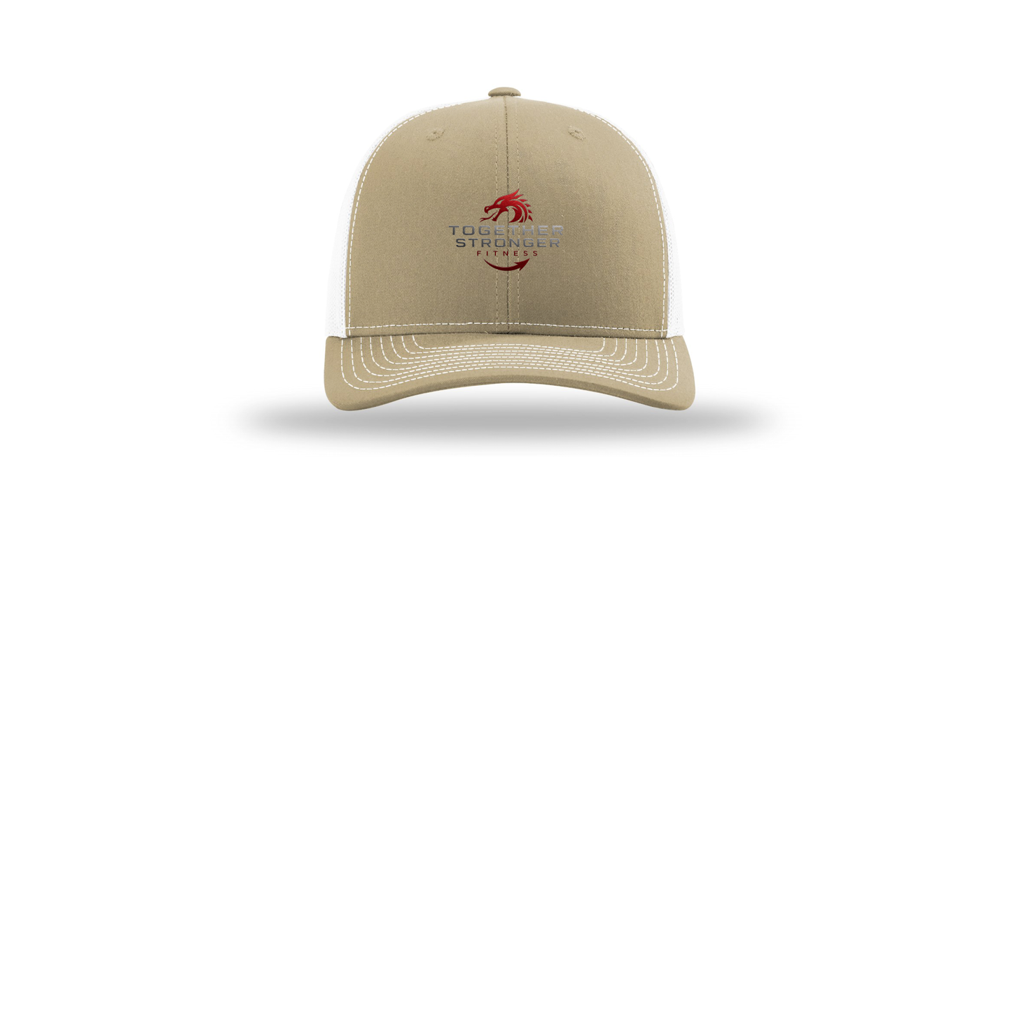 togetherstrongerfitness-richardson-trucker-cap-embroidery-capfront-R112-khakiwhite-flat-front