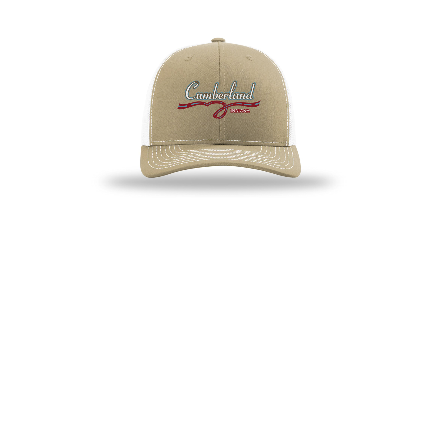 cumberland-richardson-trucker-cap-embroidery-capfront-R112-khakiwhite-flat-front