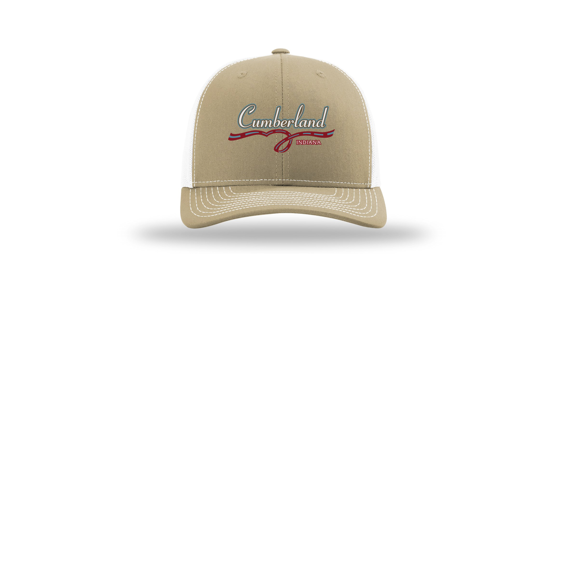 cumberland-richardson-trucker-cap-embroidery-capfront-R112-khakiwhite-flat-front