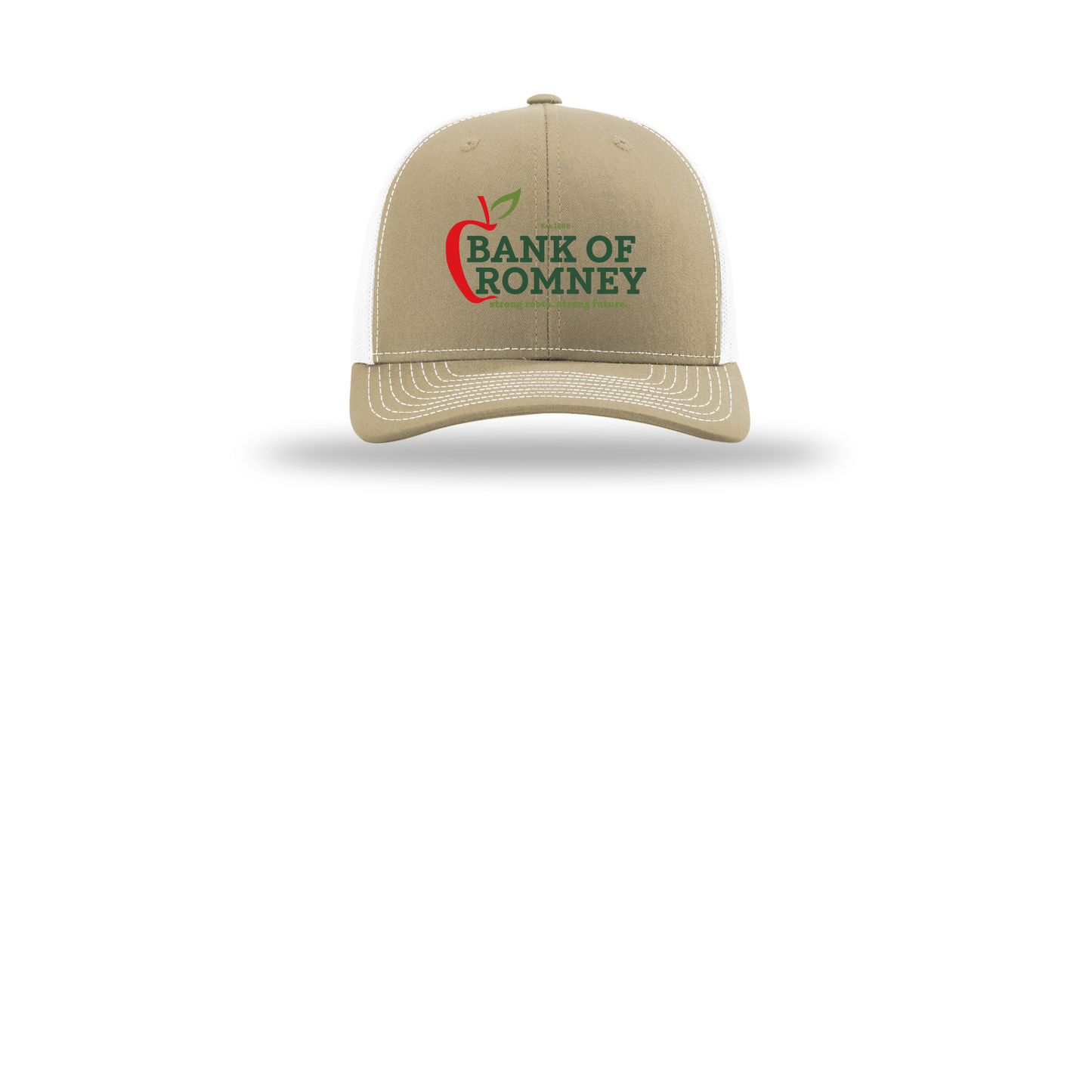 bankofromney-richardson-trucker-cap-embroidery-capfront-R112-khakiwhite-flat-front