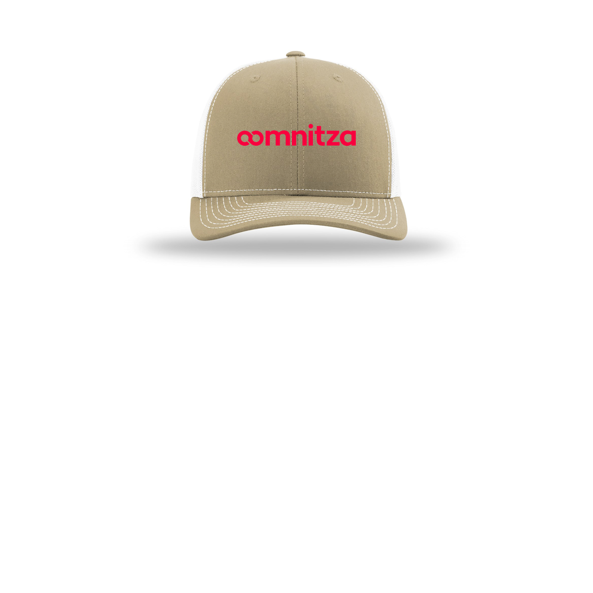 oomnitza-richardson-trucker-cap-embroidery-capfront-R112-khakiwhite-flat-front