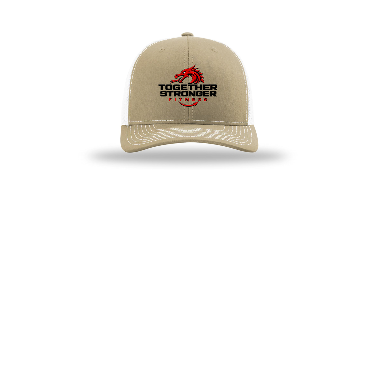 togetherstrongerfitness-richardson-trucker-cap-embroidery-capfront-R112-khakiwhite-flat-front