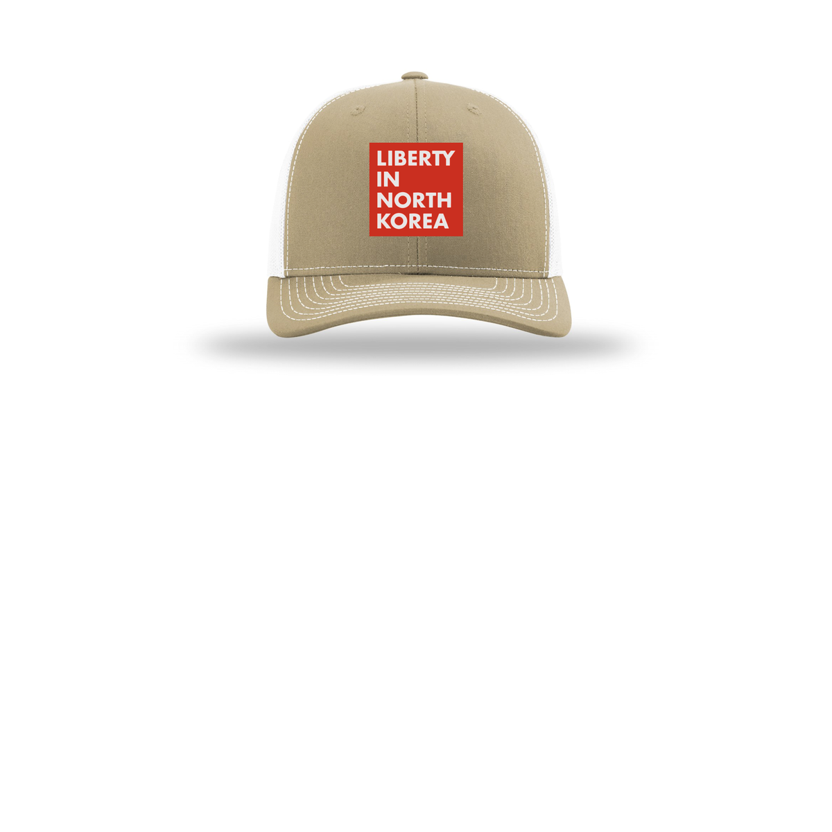 libertyinnorthkorea-richardson-trucker-cap-embroidery-capfront-R112-khakiwhite-flat-front