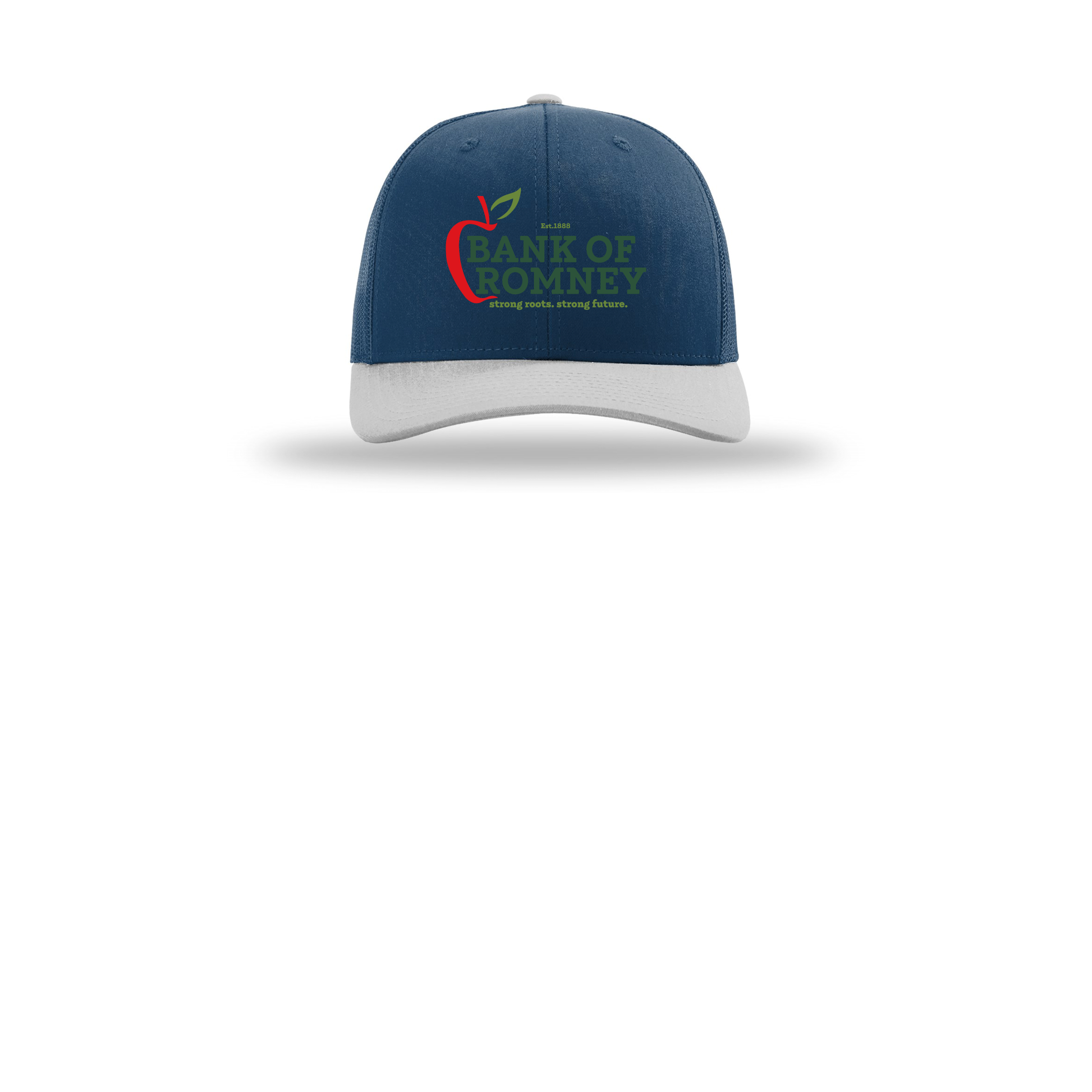 bankofromney-richardson-trucker-cap-embroidery-capfront-R112-lightbluelightbluelightgrey-flat-front