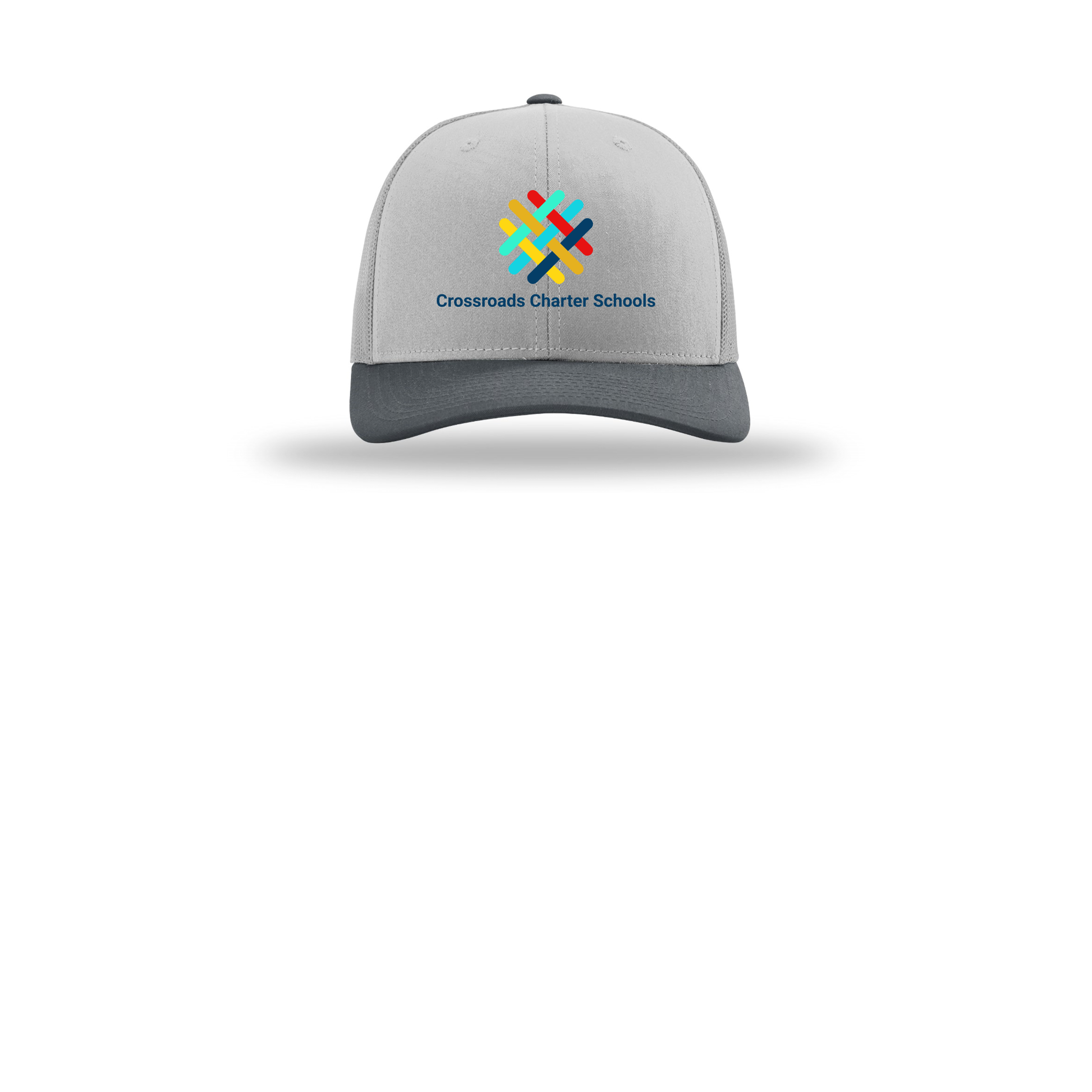 crossroadsschoolskc-richardson-trucker-cap-embroidery-capfront-R112-lightgreylightgreygunmetal-flat-front