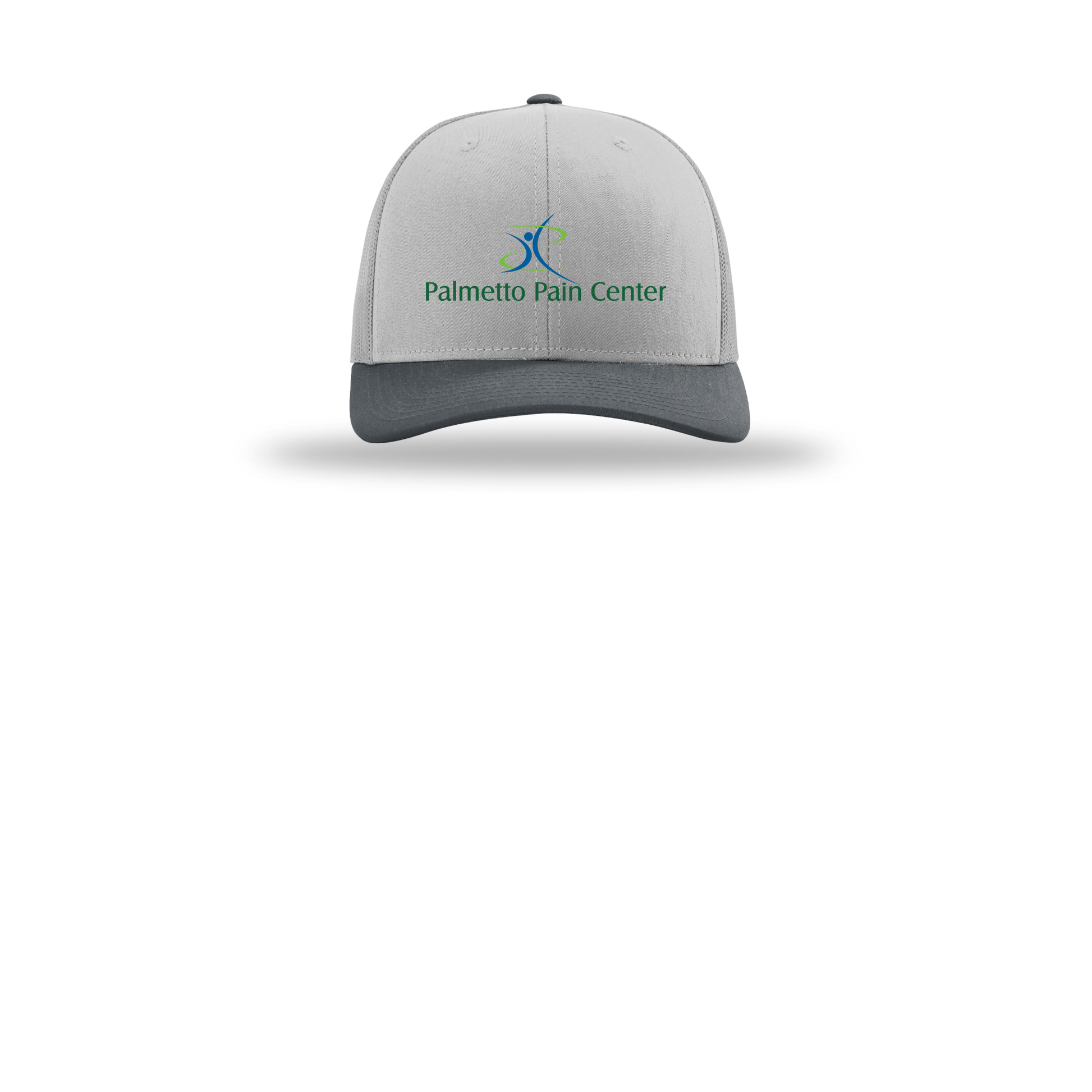 palmetto-pain-center-richardson-trucker-cap-embroidery-capfront-R112-lightgreylightgreygunmetal-flat-front