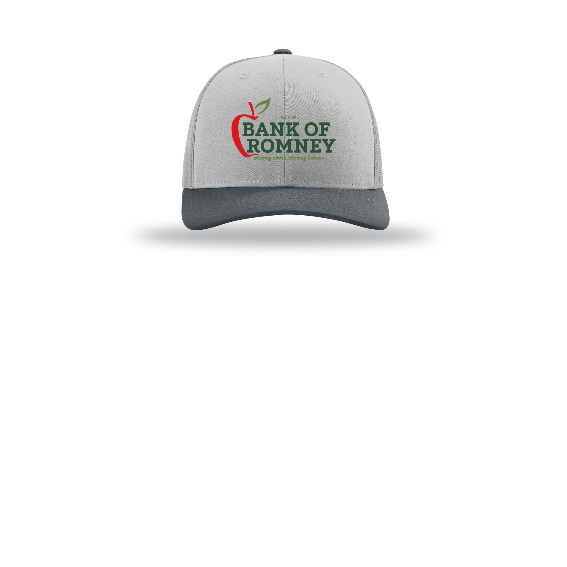 bankofromney-richardson-trucker-cap-embroidery-capfront-R112-lightgreylightgreygunmetal-flat-front
