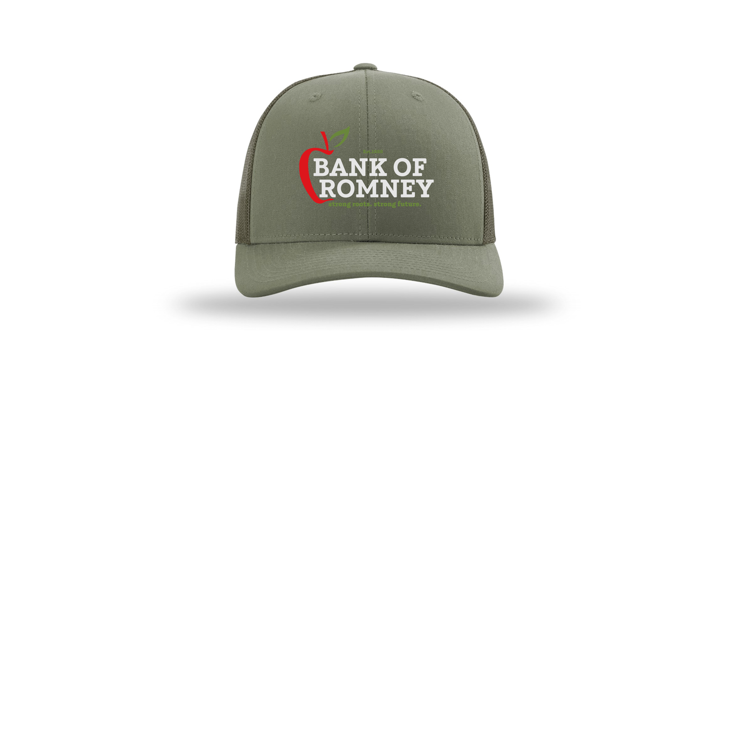 bankofromney-richardson-trucker-cap-embroidery-capfront-R112-loden-flat-front