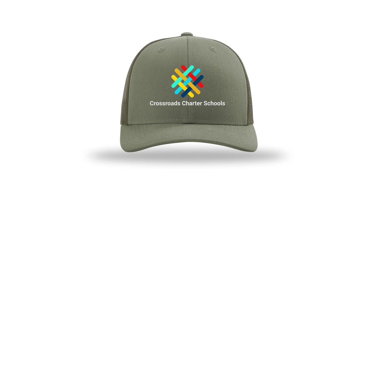 crossroadsschoolskc-richardson-trucker-cap-embroidery-capfront-R112-loden-flat-front