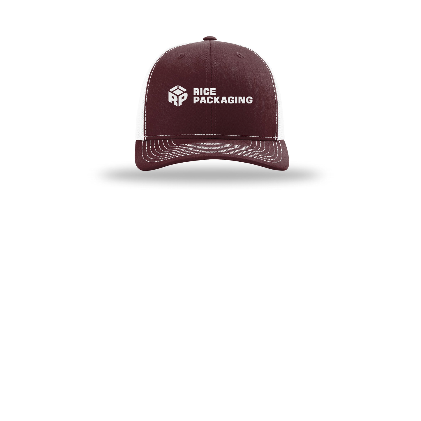 ricepackaging-richardson-trucker-cap-embroidery-capfront-R112-maroonwhite-flat-front