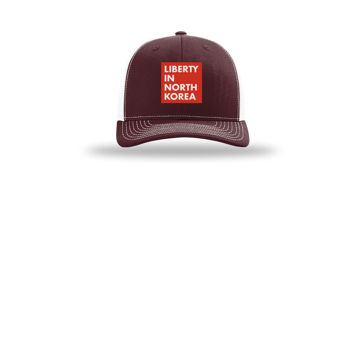 libertyinnorthkorea-richardson-trucker-cap-embroidery-capfront-R112-maroonwhite-flat-front