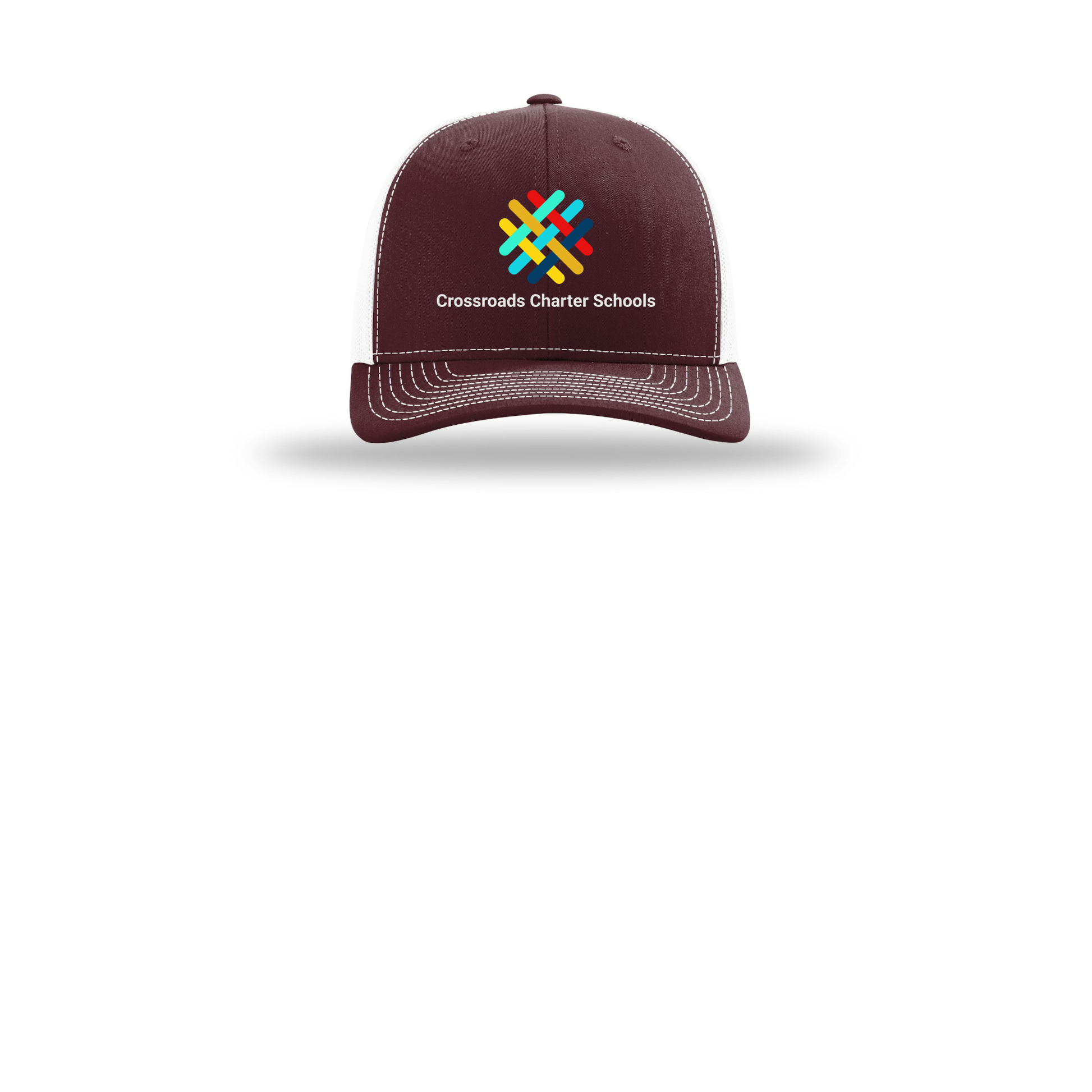 crossroadsschoolskc-richardson-trucker-cap-embroidery-capfront-R112-maroonwhite-flat-front