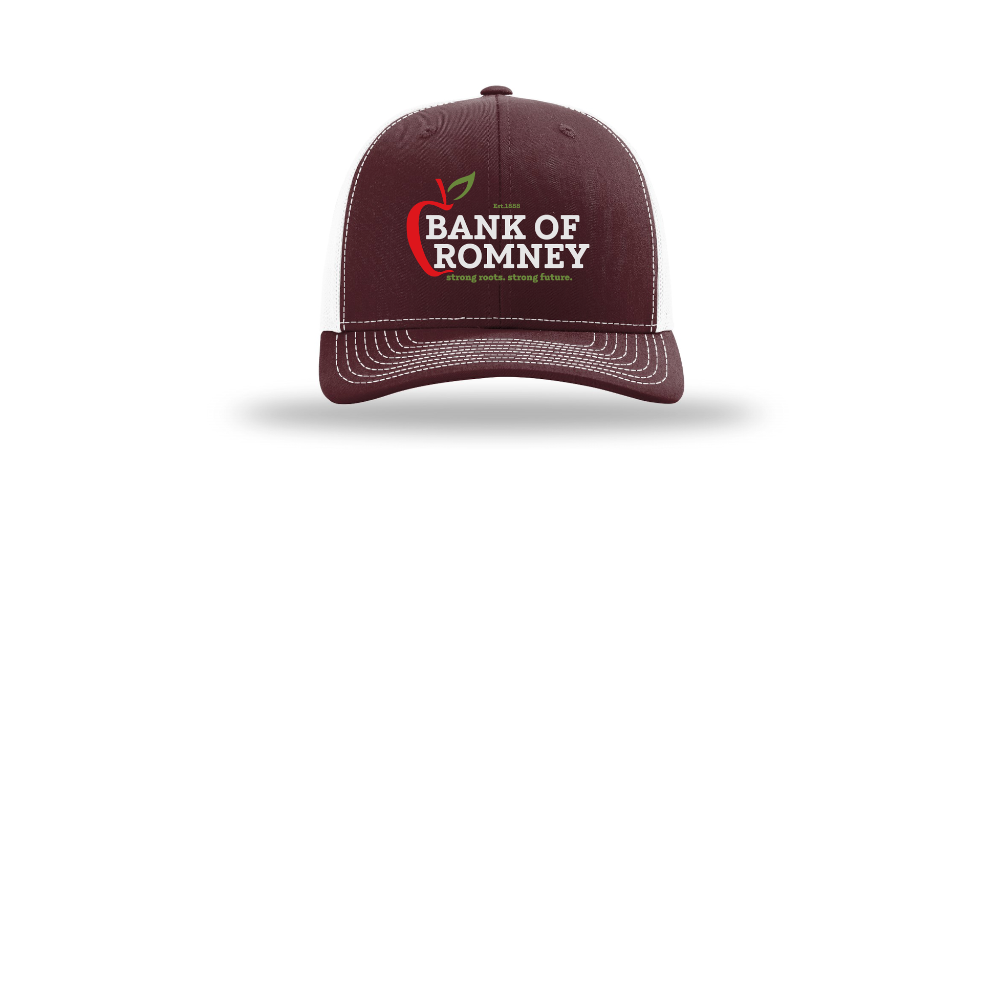 bankofromney-richardson-trucker-cap-embroidery-capfront-R112-maroonwhite-flat-front