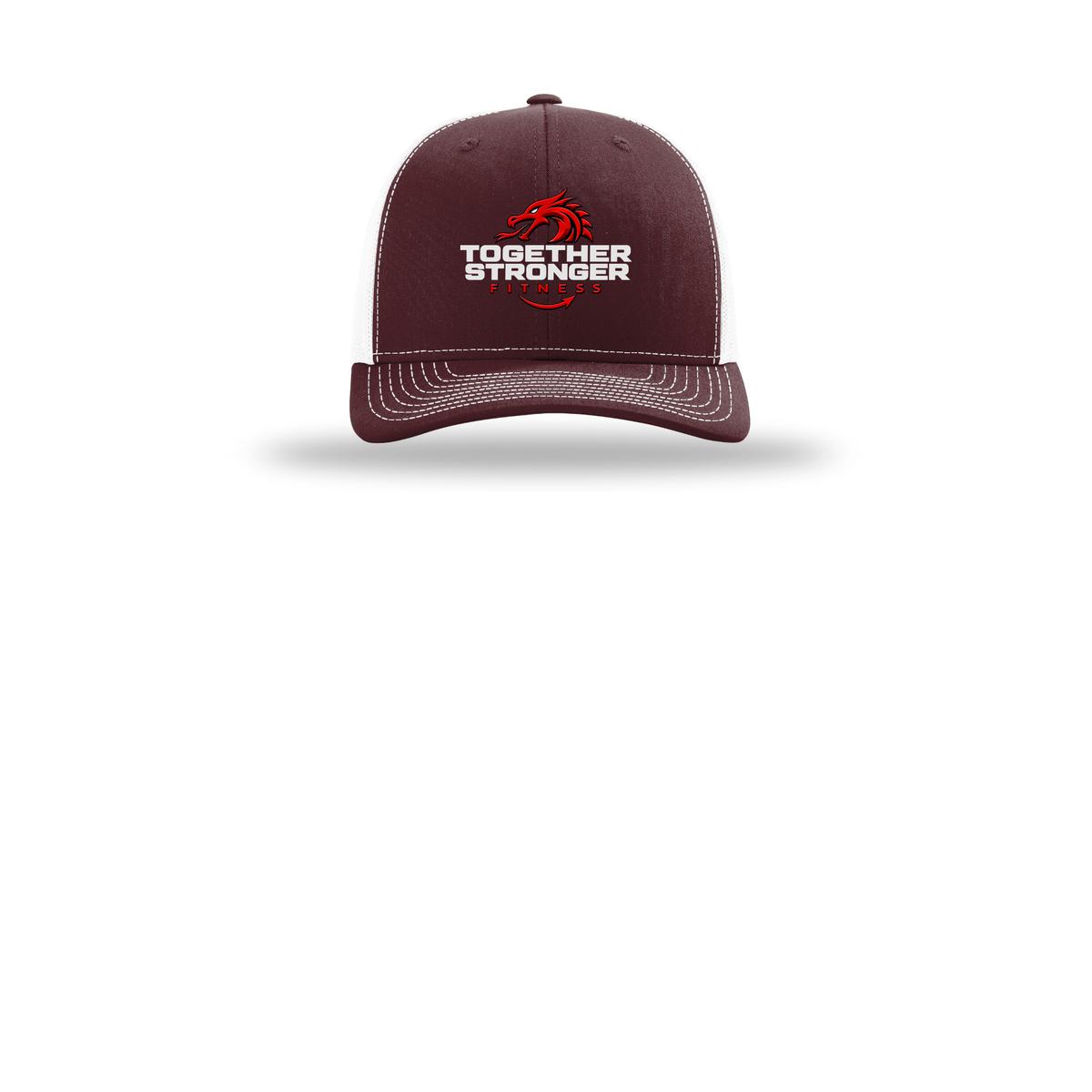 togetherstrongerfitness-richardson-trucker-cap-embroidery-capfront-R112-maroonwhite-flat-front