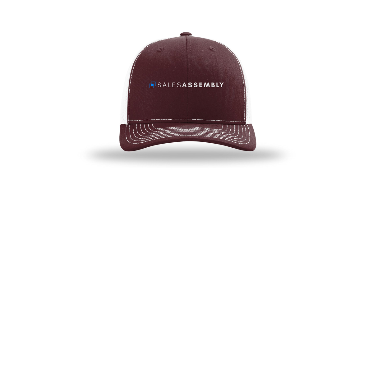 salesassembly-richardson-trucker-cap-embroidery-capfront-R112-maroonwhite-flat-front