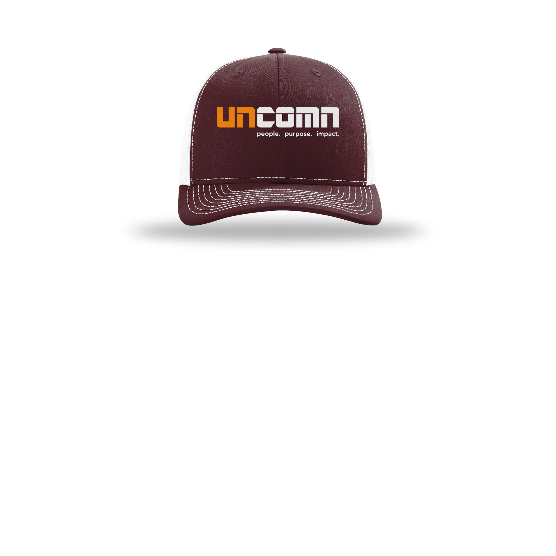 uncomn-richardson-trucker-cap-embroidery-capfront-R112-maroonwhite-flat-front