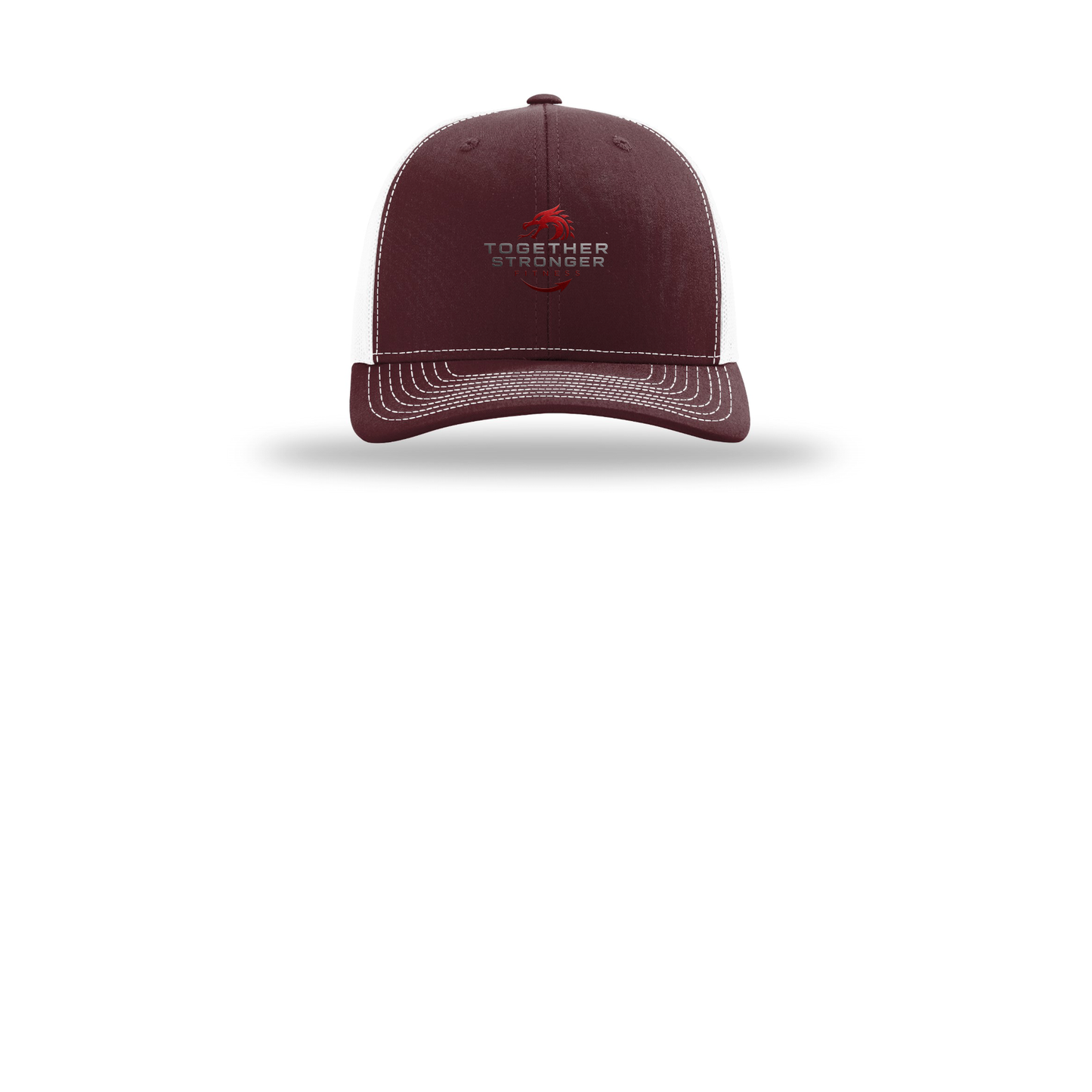 togetherstrongerfitness-richardson-trucker-cap-embroidery-capfront-R112-maroonwhite-flat-front