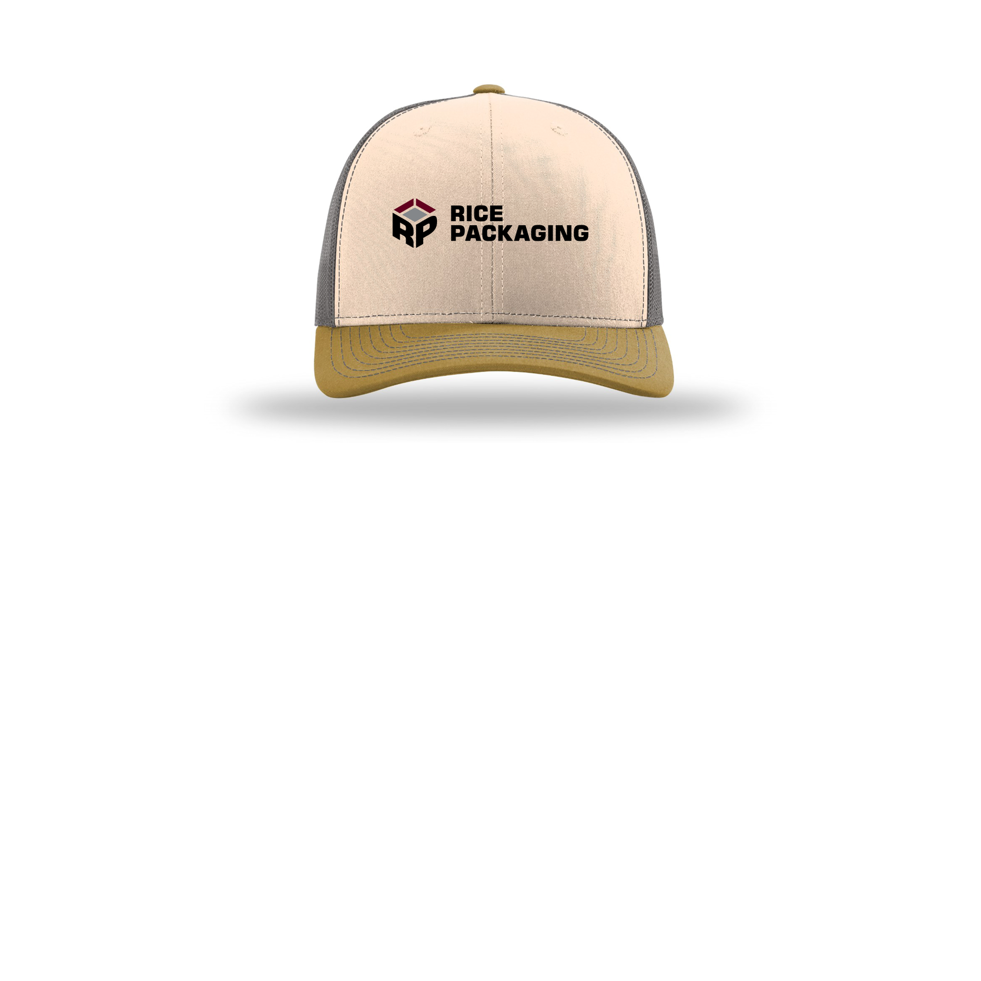 ricepackaging-richardson-trucker-cap-embroidery-capfront-R112-minkbeigecharcoalambergold-flat-front