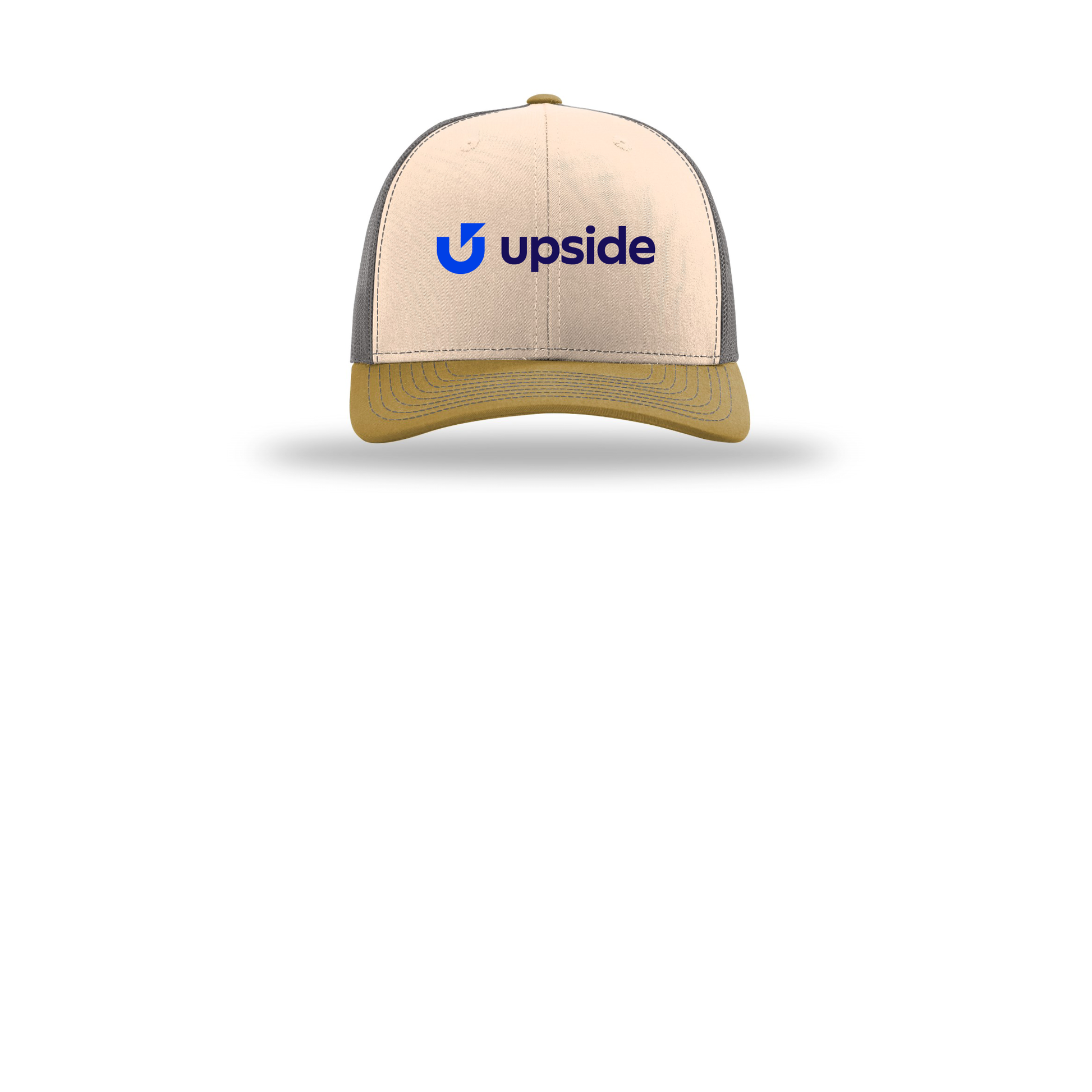 upside-richardson-trucker-cap-embroidery-capfront-R112-minkbeigecharcoalambergold-flat-front
