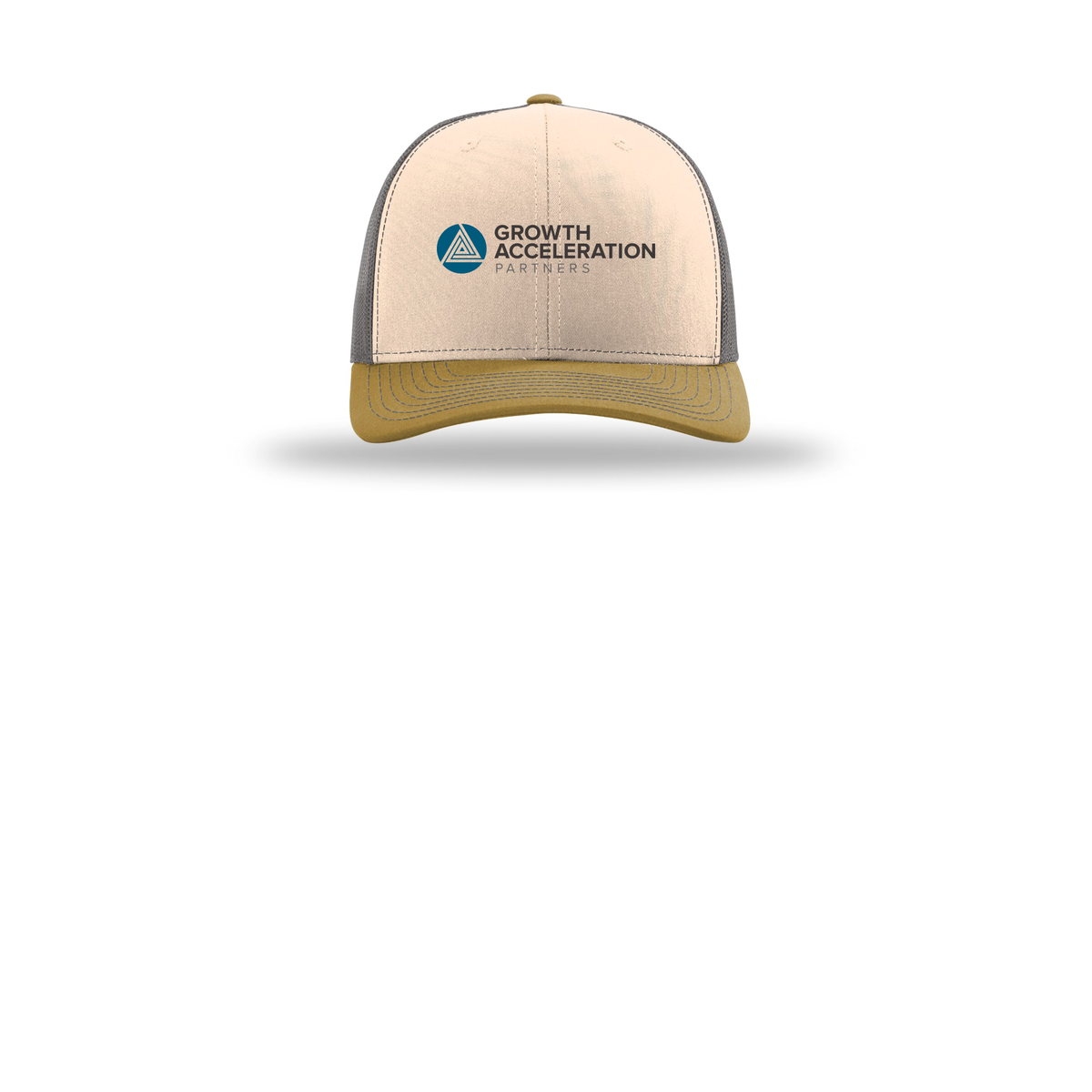 growthaccelerationpartners-richardson-trucker-cap-embroidery-capfront-R112-minkbeigecharcoalambergold-flat-front