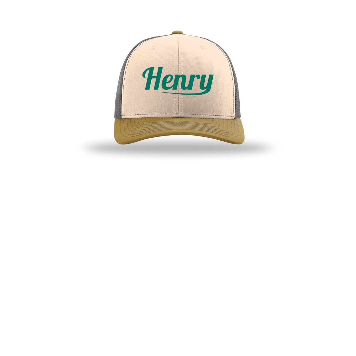 henrymeds-richardson-trucker-cap-embroidery-capfront-R112-minkbeigecharcoalambergold-flat-front