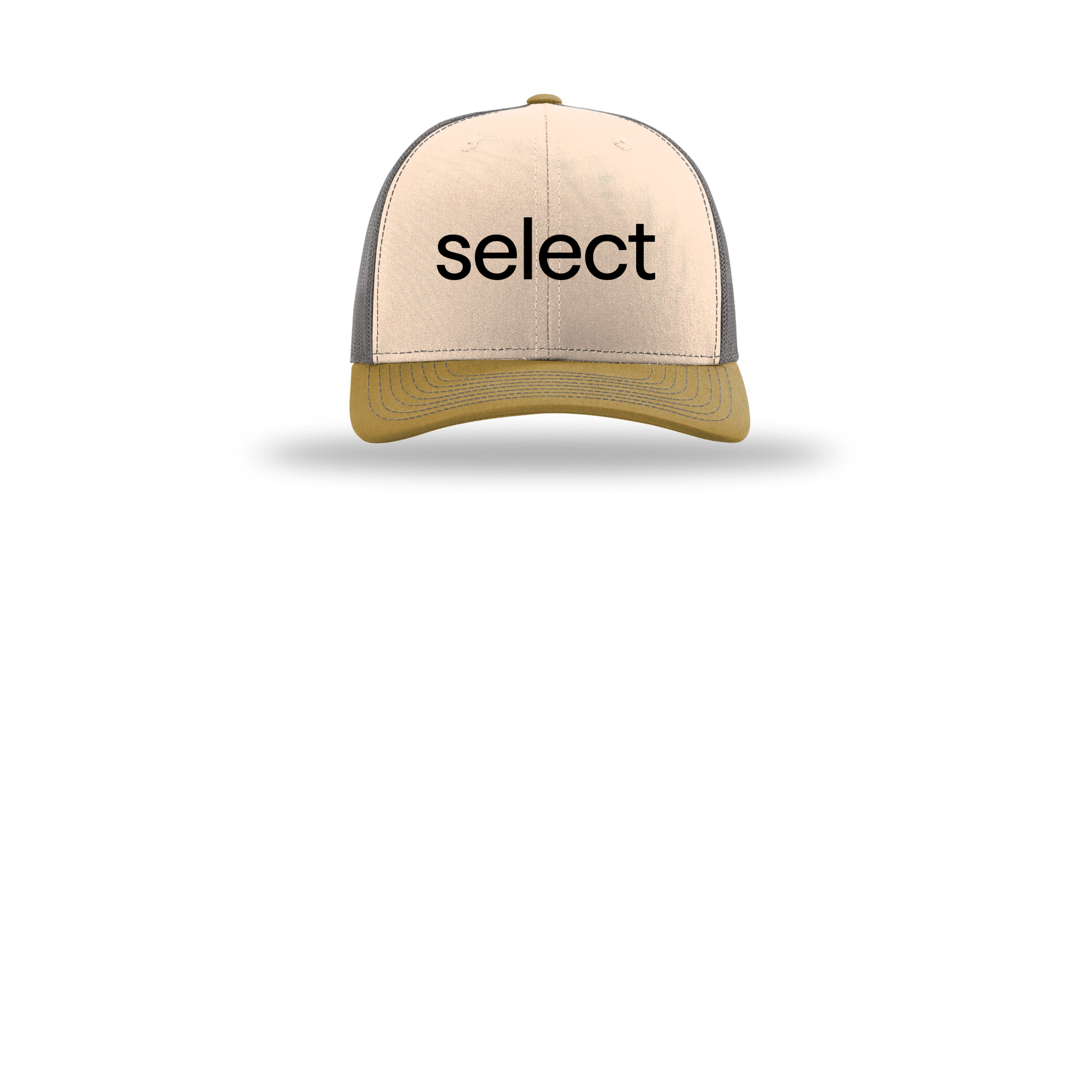 meetselect-richardson-trucker-cap-embroidery-capfront-R112-minkbeigecharcoalambergold-flat-front