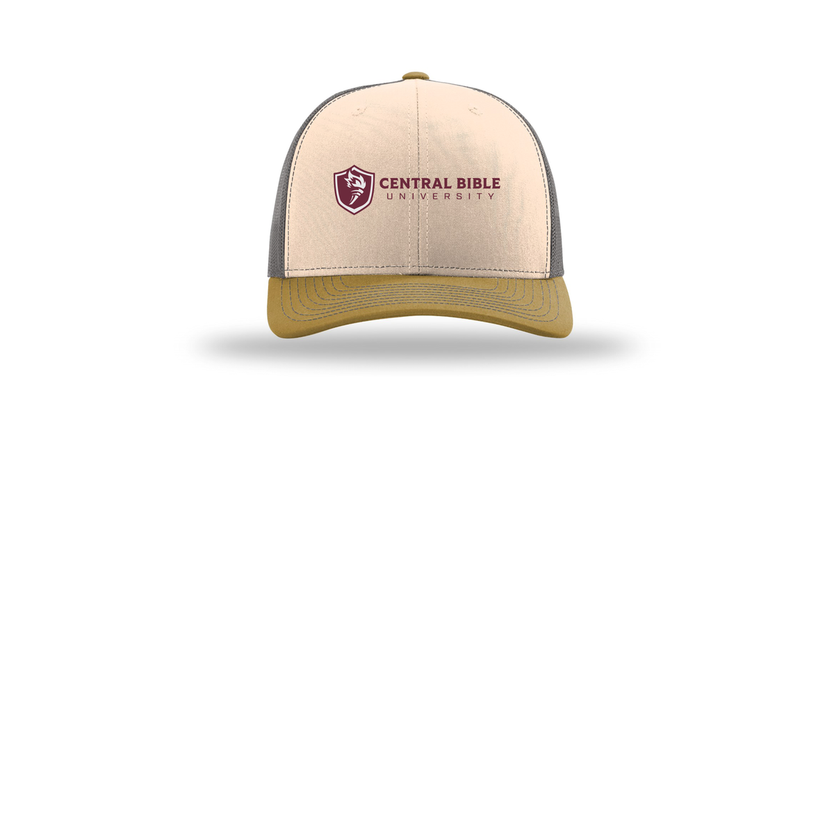 centralbible-richardson-trucker-cap-embroidery-capfront-R112-minkbeigecharcoalambergold-flat-front
