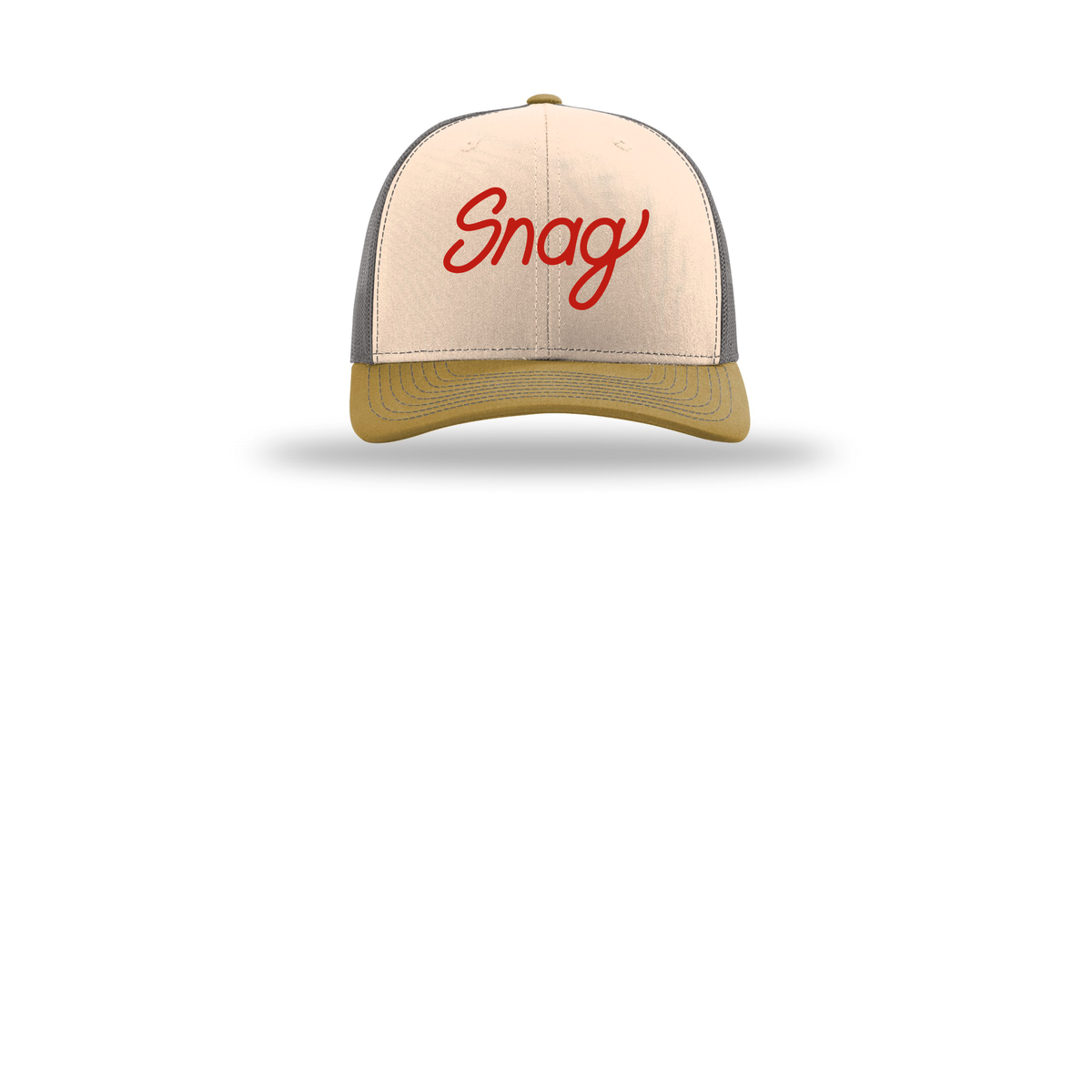 snagdelivery-richardson-trucker-cap-embroidery-capfront-R112-minkbeigecharcoalambergold-flat-front