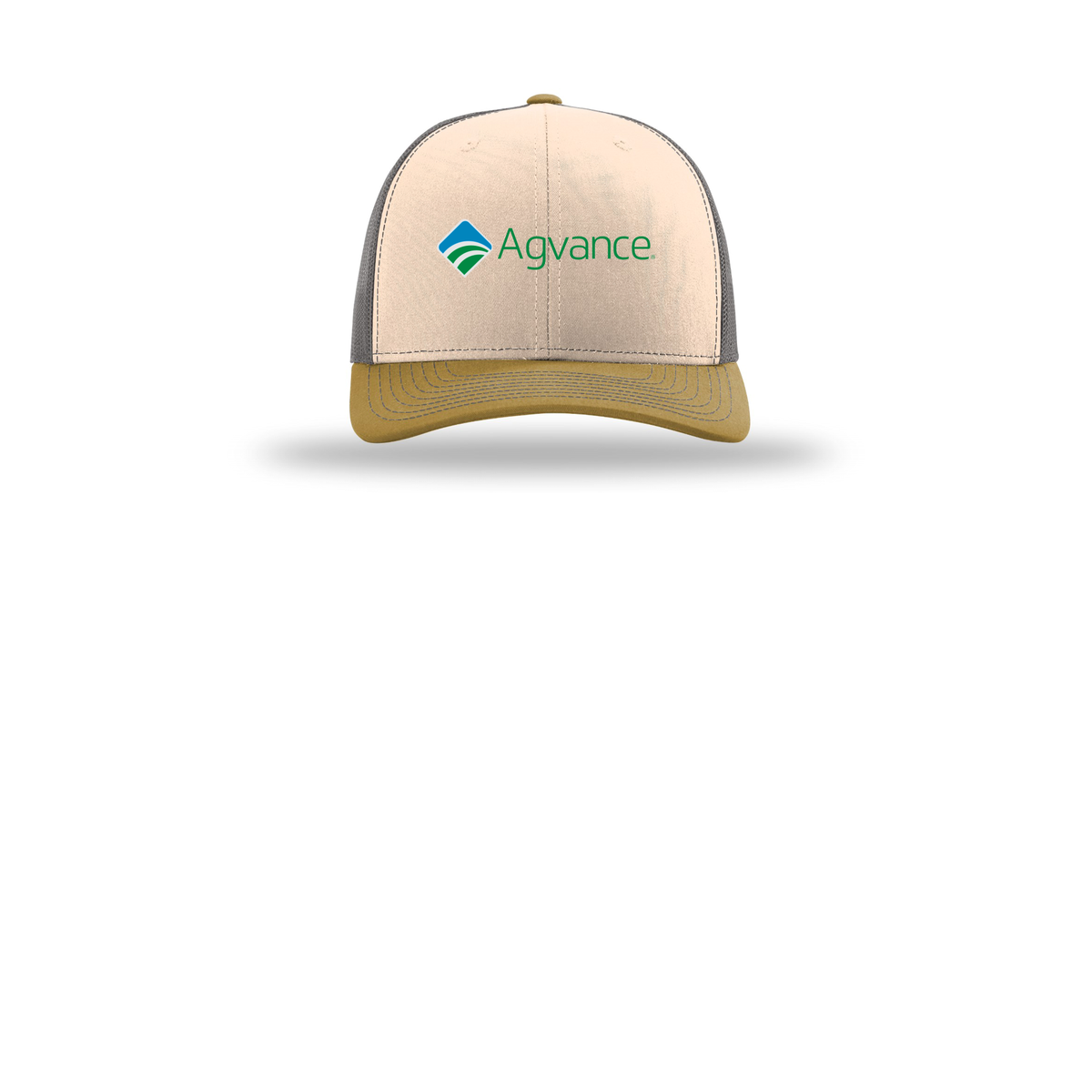agvance-richardson-trucker-cap-embroidery-capfront-R112-minkbeigecharcoalambergold-flat-front