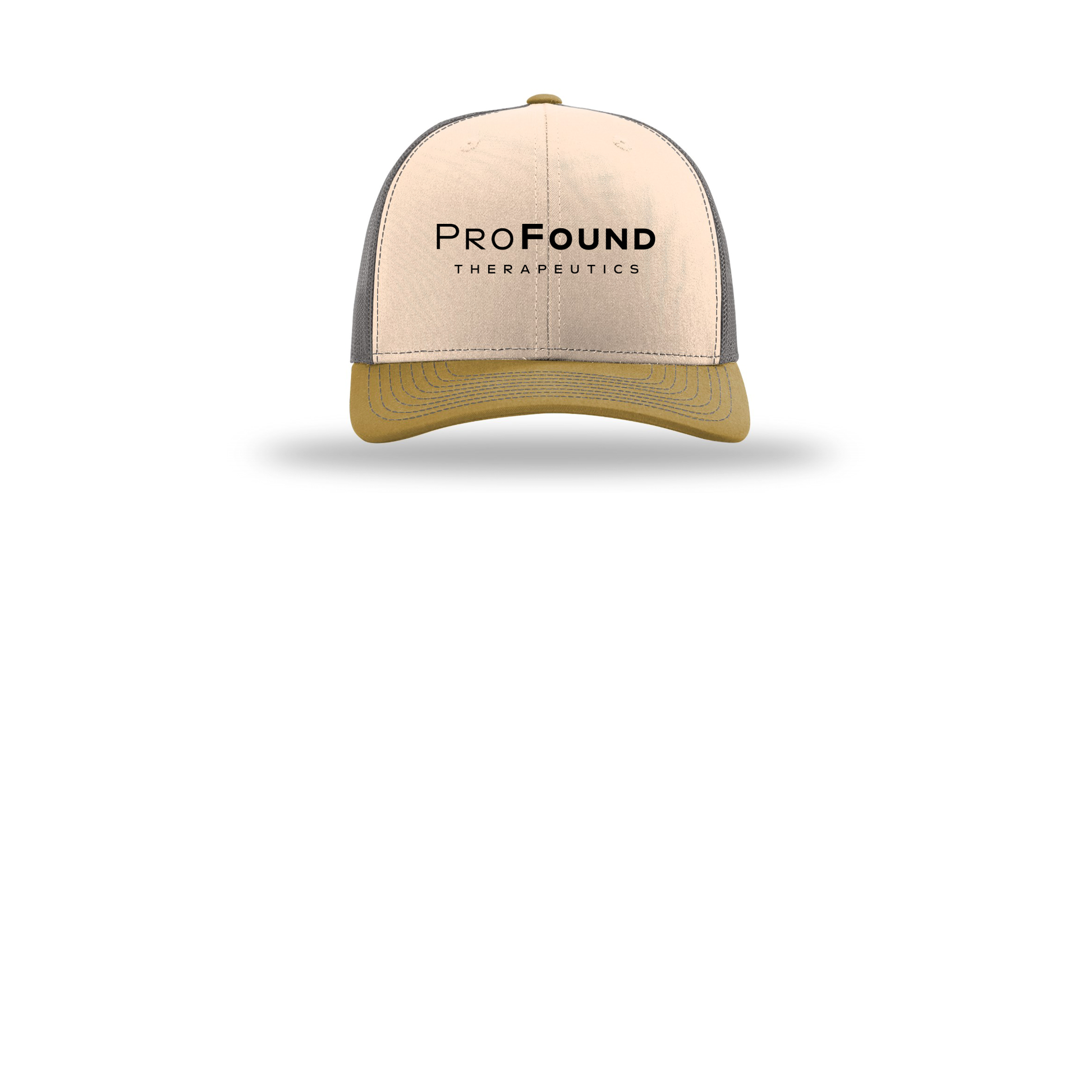 profoundtx-richardson-trucker-cap-embroidery-capfront-R112-minkbeigecharcoalambergold-flat-front