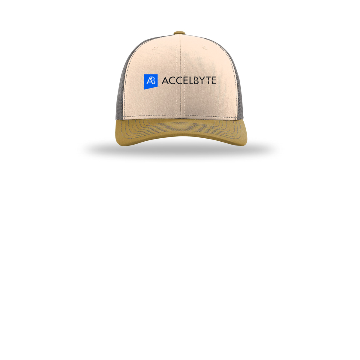 accelbyte-richardson-trucker-cap-embroidery-capfront-R112-minkbeigecharcoalambergold-flat-front