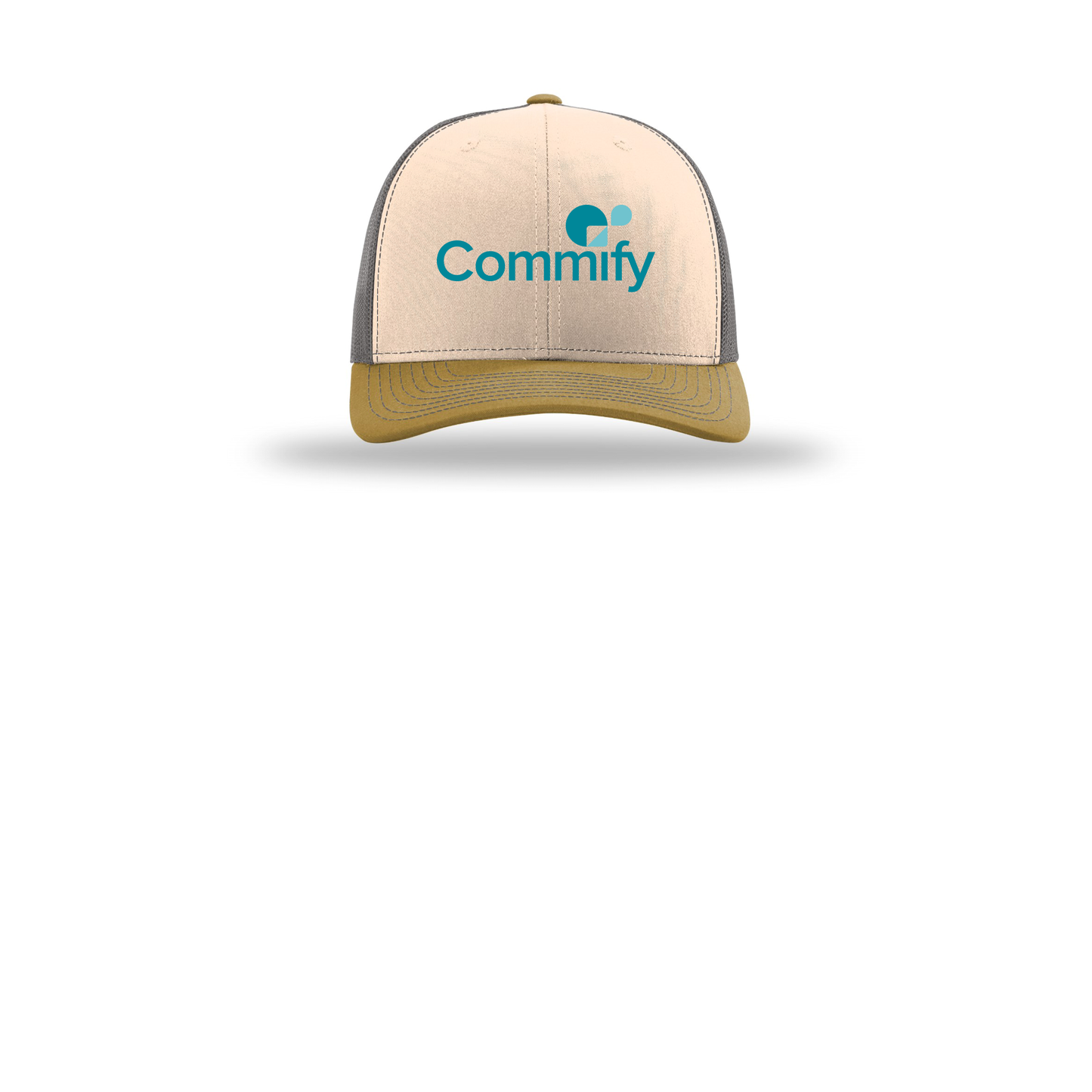 commify-richardson-trucker-cap-embroidery-capfront-R112-minkbeigecharcoalambergold-flat-front