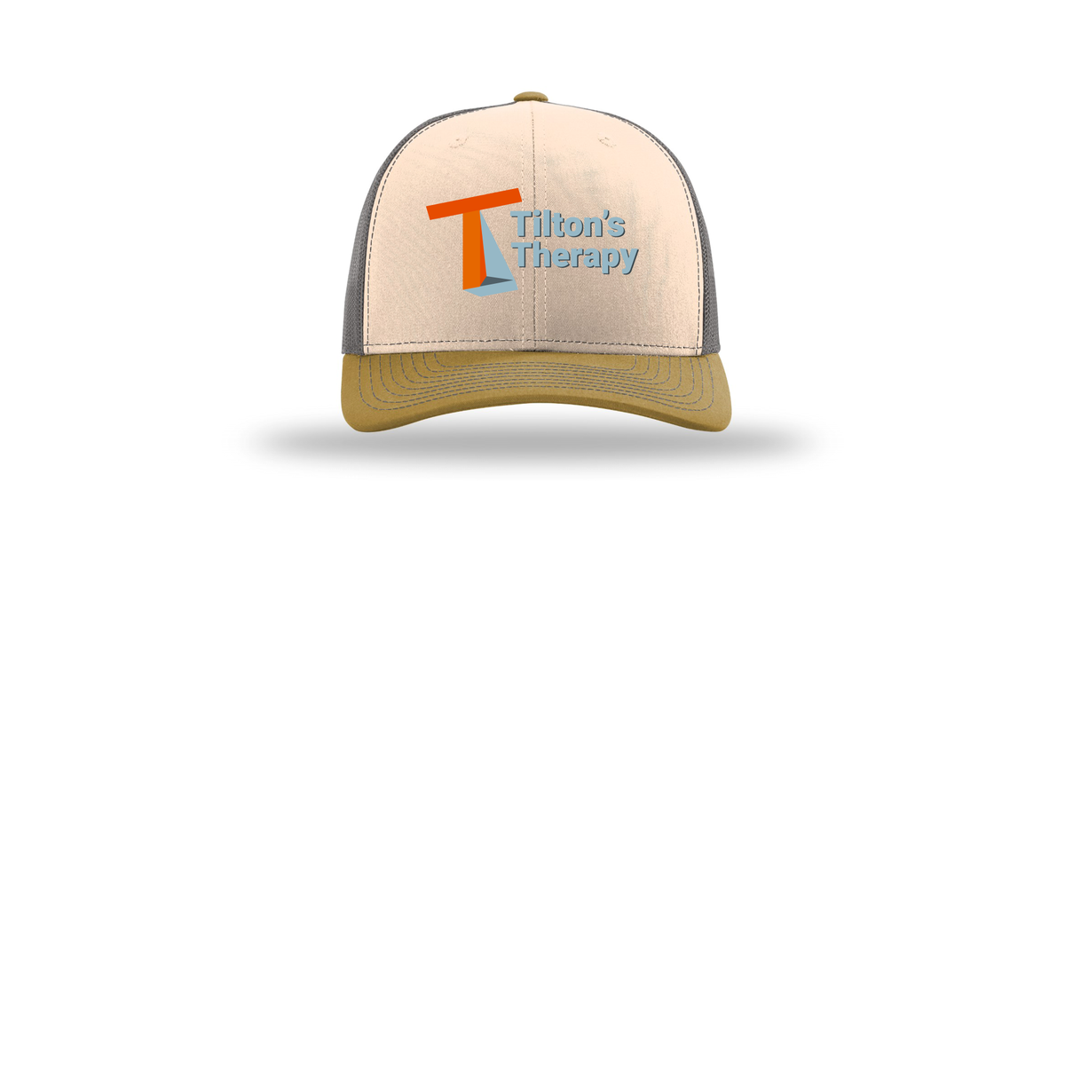tiltonstherapy-richardson-trucker-cap-embroidery-capfront-R112-minkbeigecharcoalambergold-flat-front