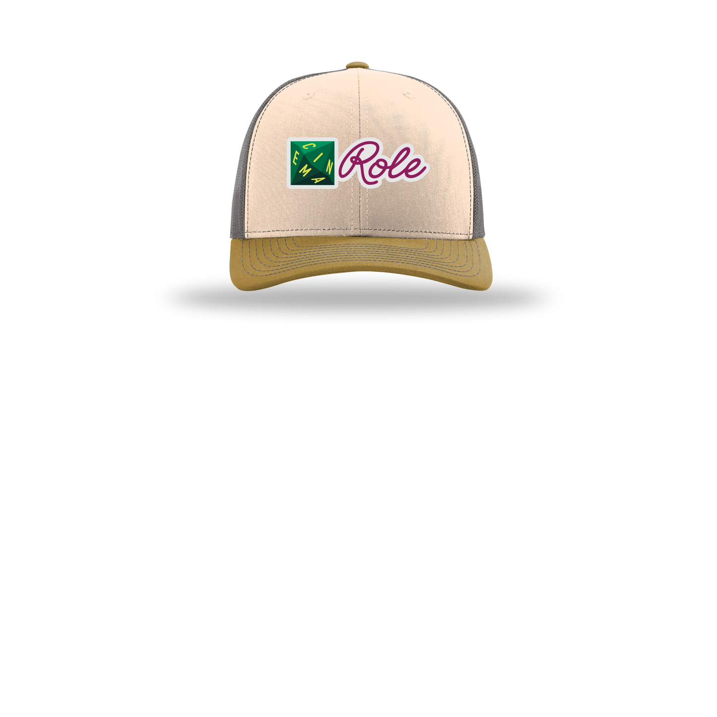cinemarole-richardson-trucker-cap-embroidery-capfront-R112-minkbeigecharcoalambergold-flat-front