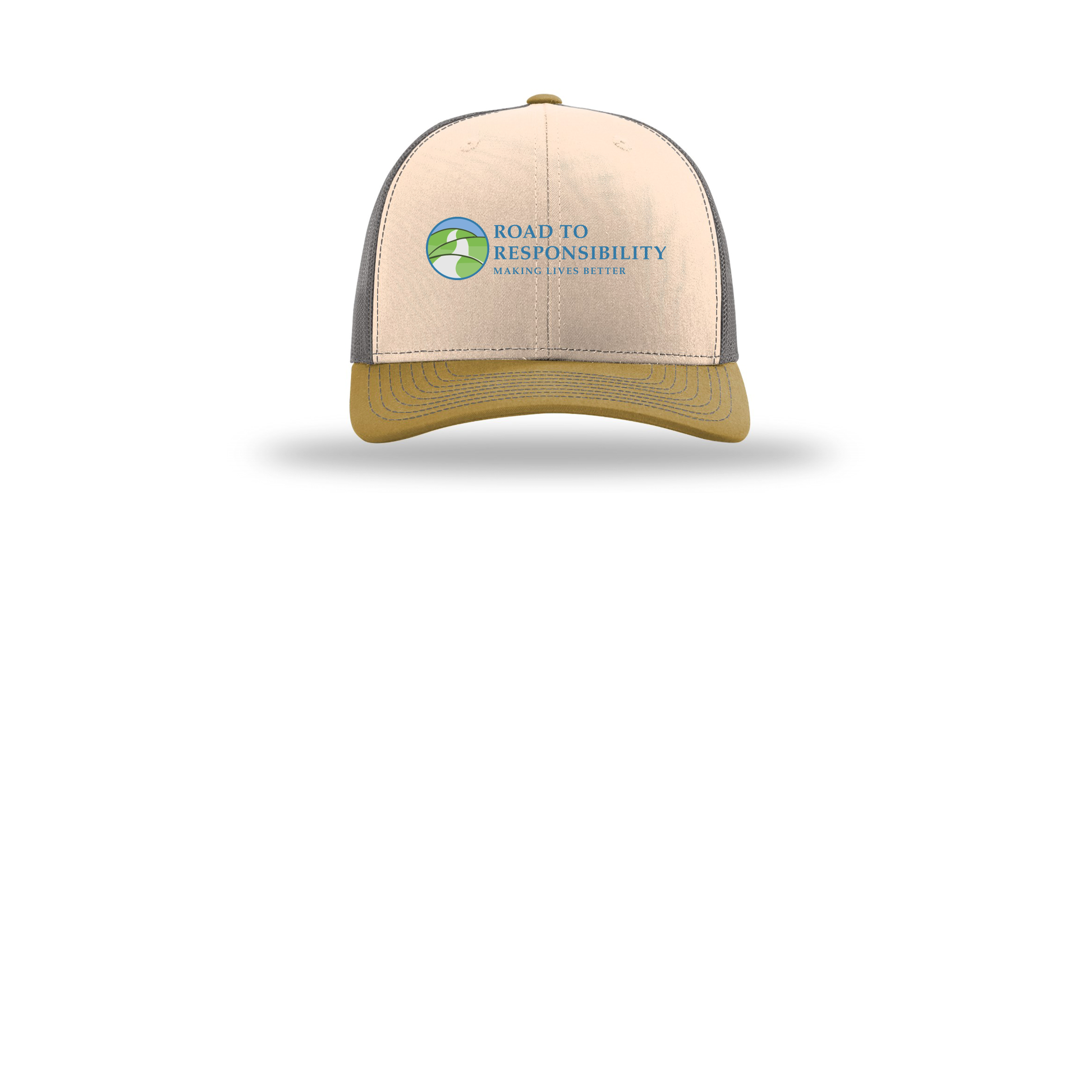roadtoresponsibility-richardson-trucker-cap-embroidery-capfront-R112-minkbeigecharcoalambergold-flat-front