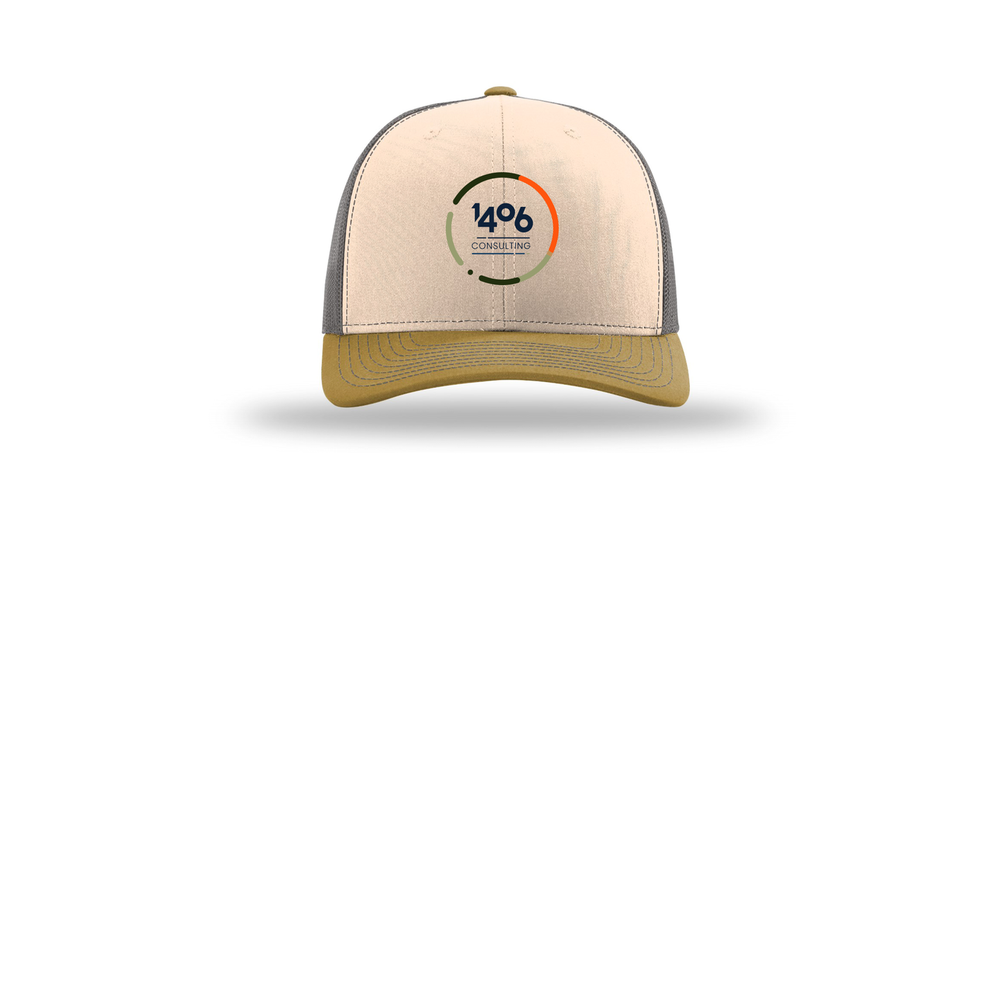 1406consulting-richardson-trucker-cap-embroidery-capfront-R112-minkbeigecharcoalambergold-flat-front